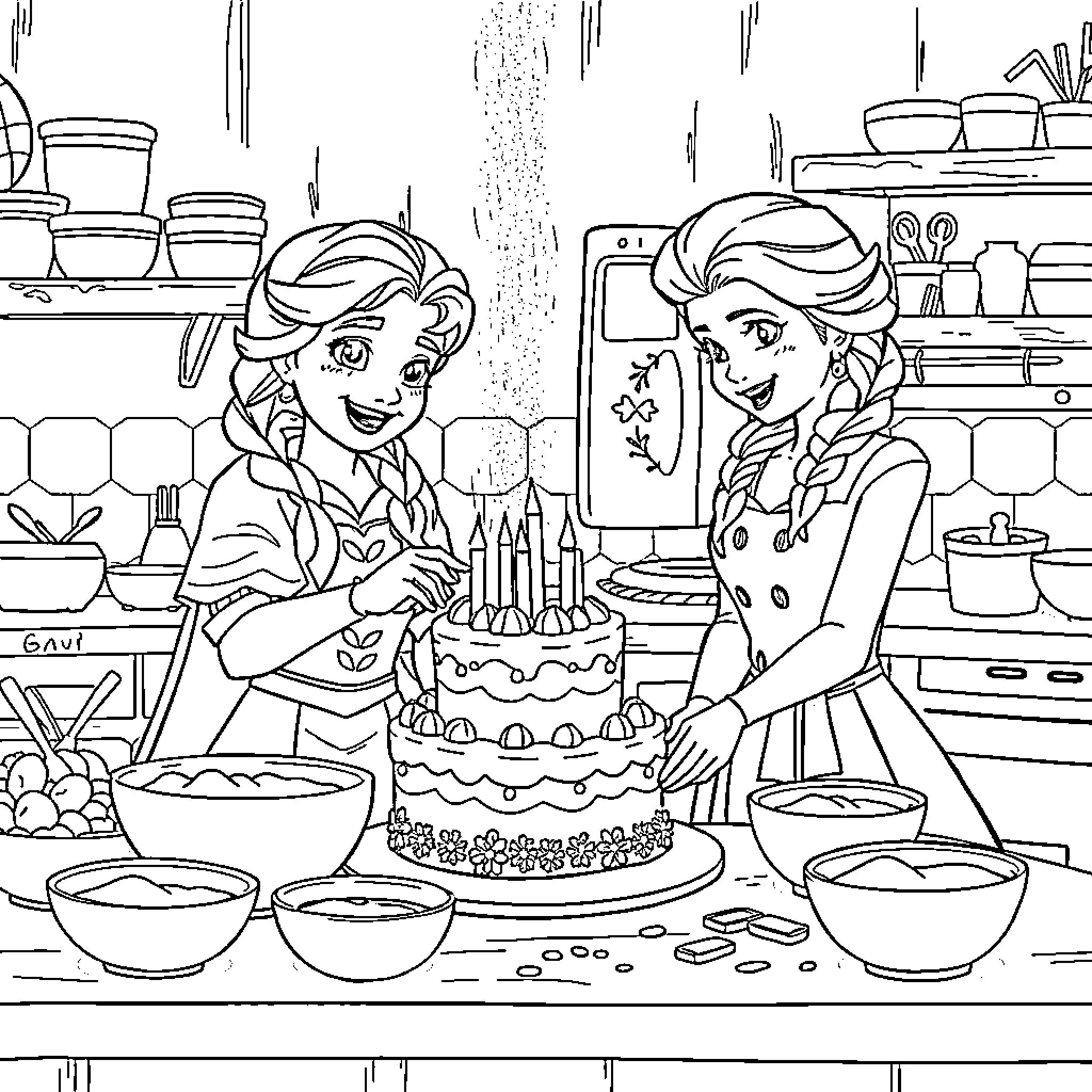 Anna and Elsa Baking a Festive Cake Together Coloring Page (free black-and-white line drawing printable PDF for all, from beginners to advanced learners, including children, teens, adults, and seniors)