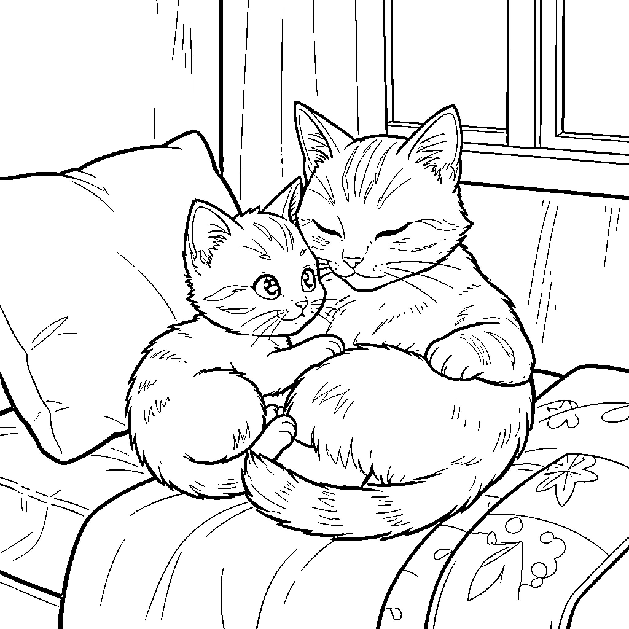 Cat Siblings Resting Comfortably on Couch Coloring Page (free black-and-white line drawing printable PDF for all, from beginners to advanced learners, including children, teens, adults, and seniors)