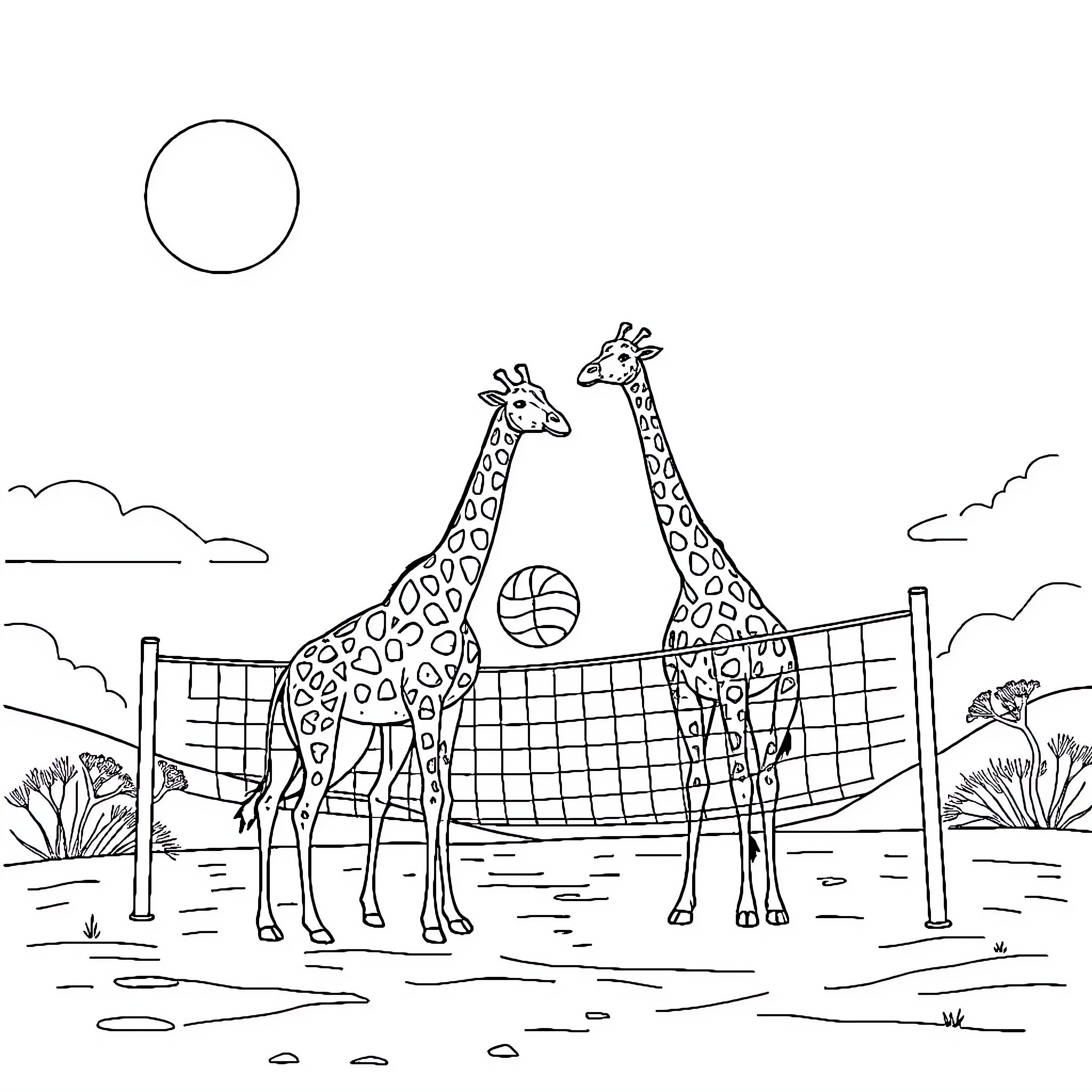 Giraffe playing volleyball with friends in the savanna Coloring Page (free black-and-white line drawing printable PDF for all, from beginners to advanced learners, including children, teens, adults, and seniors)