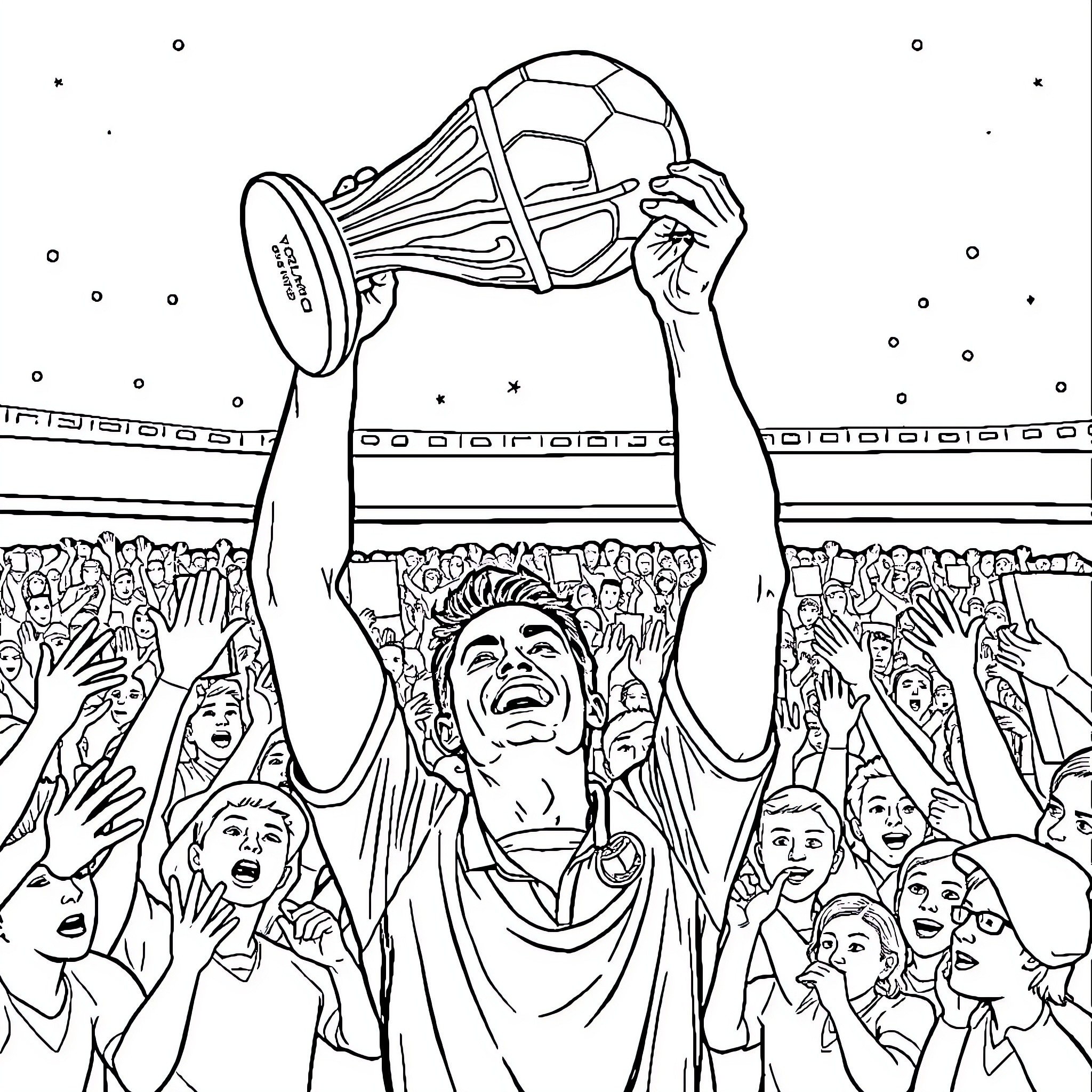 Cristiano Ronaldo Celebrates Victory with Fans Coloring Page (free black-and-white line drawing printable PDF for all, from beginners to advanced learners, including children, teens, adults, and seniors)
