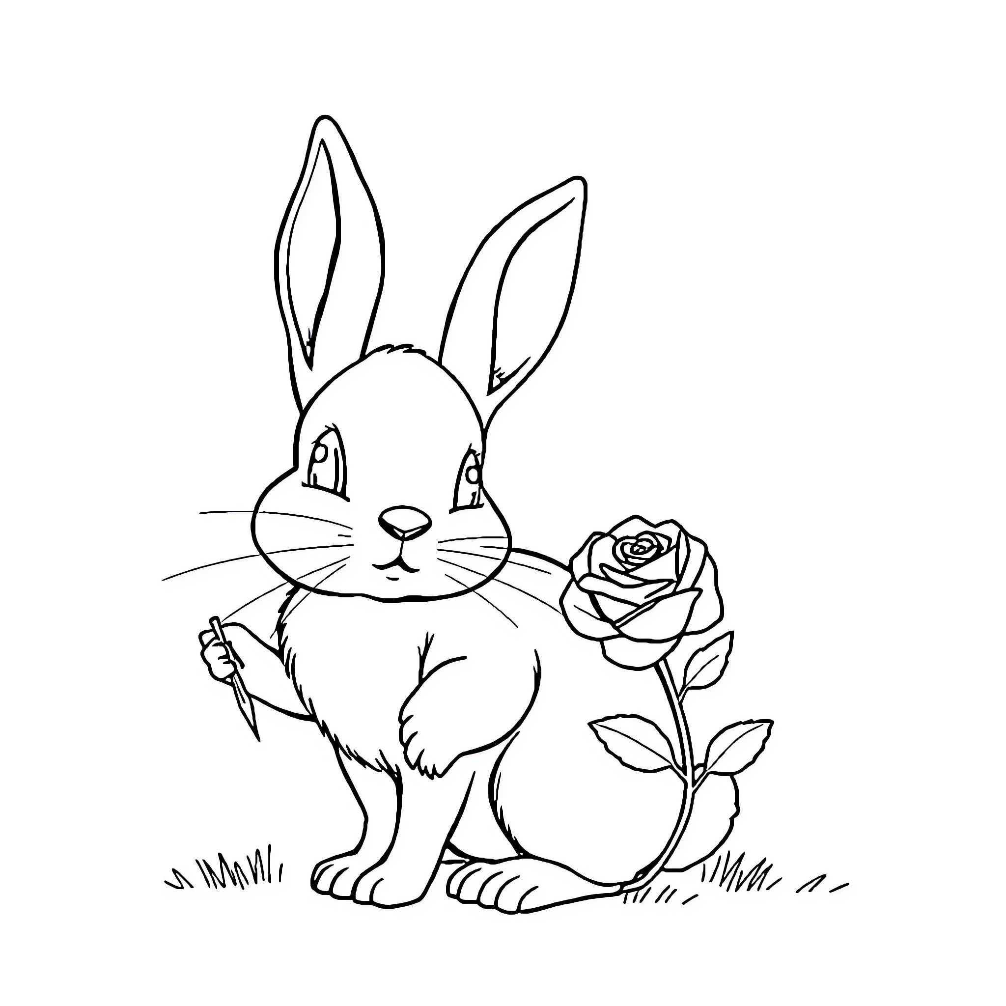 Rabbit holding a rose with flower Coloring Page (free black-and-white line drawing printable PDF for all, from beginners to advanced learners, including children, teens, adults, and seniors)