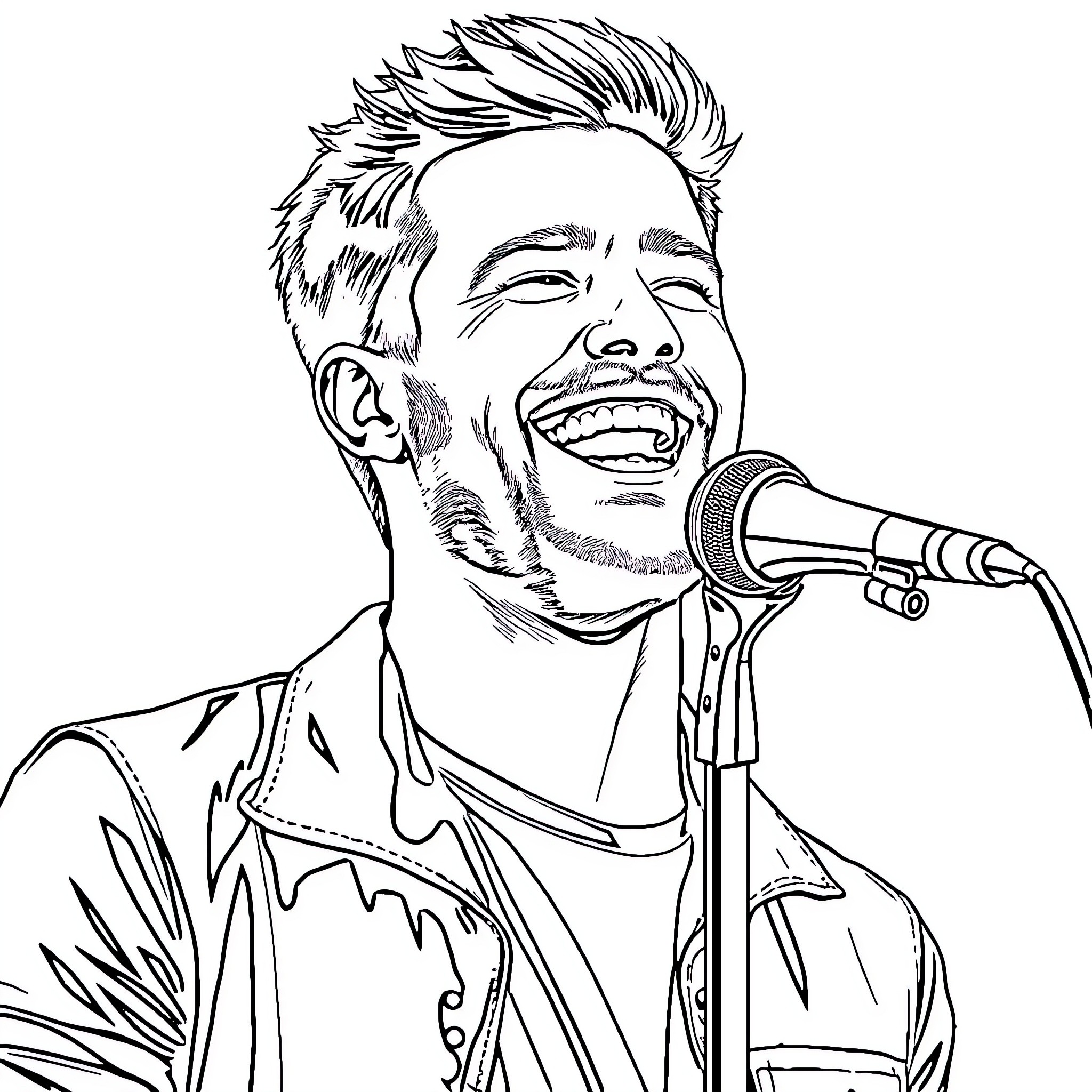 Matt Pokora singing passionately on stage Coloring Page (free black-and-white line drawing printable PDF for all, from beginners to advanced learners, including children, teens, adults, and seniors)