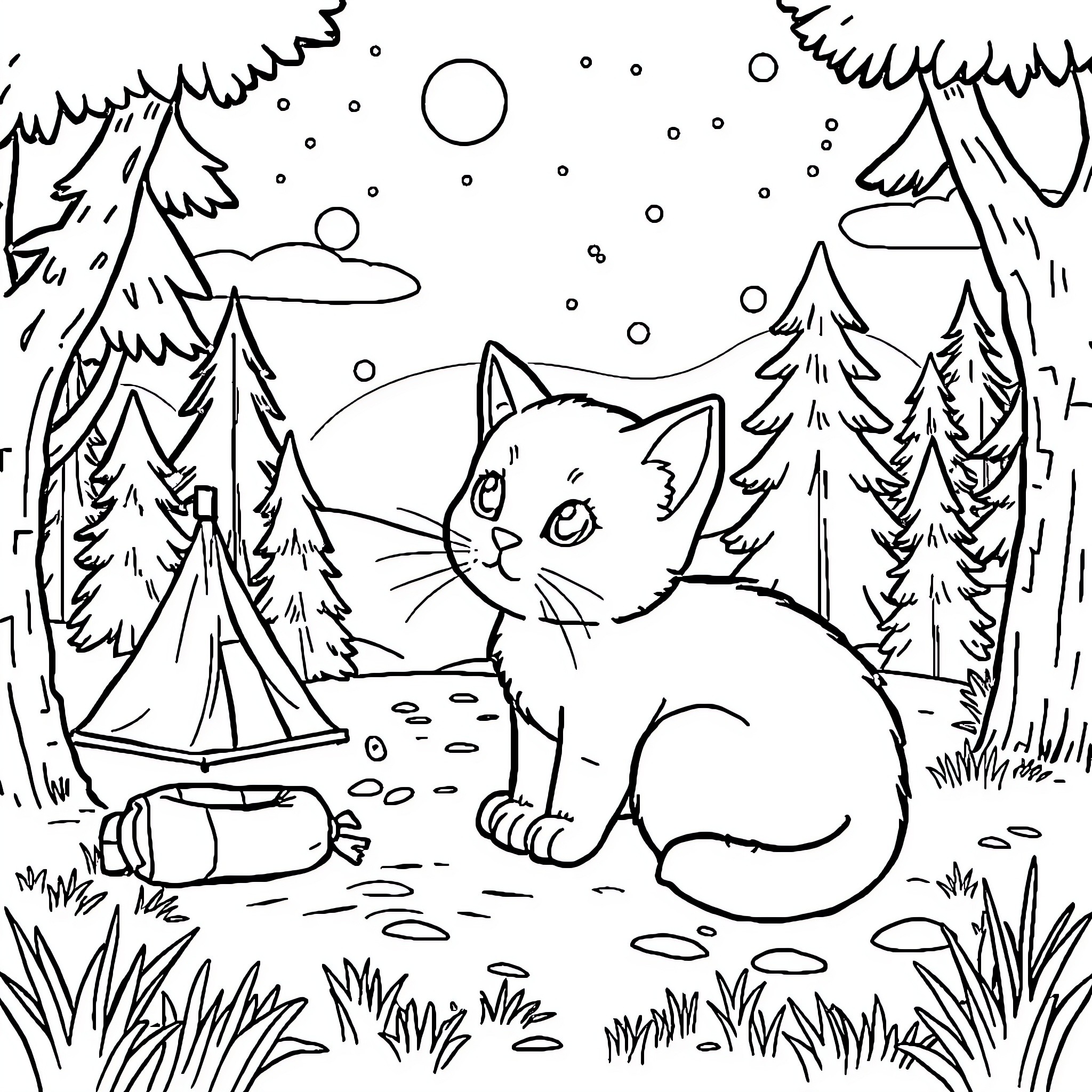 Cat exploring the wilderness in a snowy forest Coloring Page (free black-and-white line drawing printable PDF for all, from beginners to advanced learners, including children, teens, adults, and seniors)