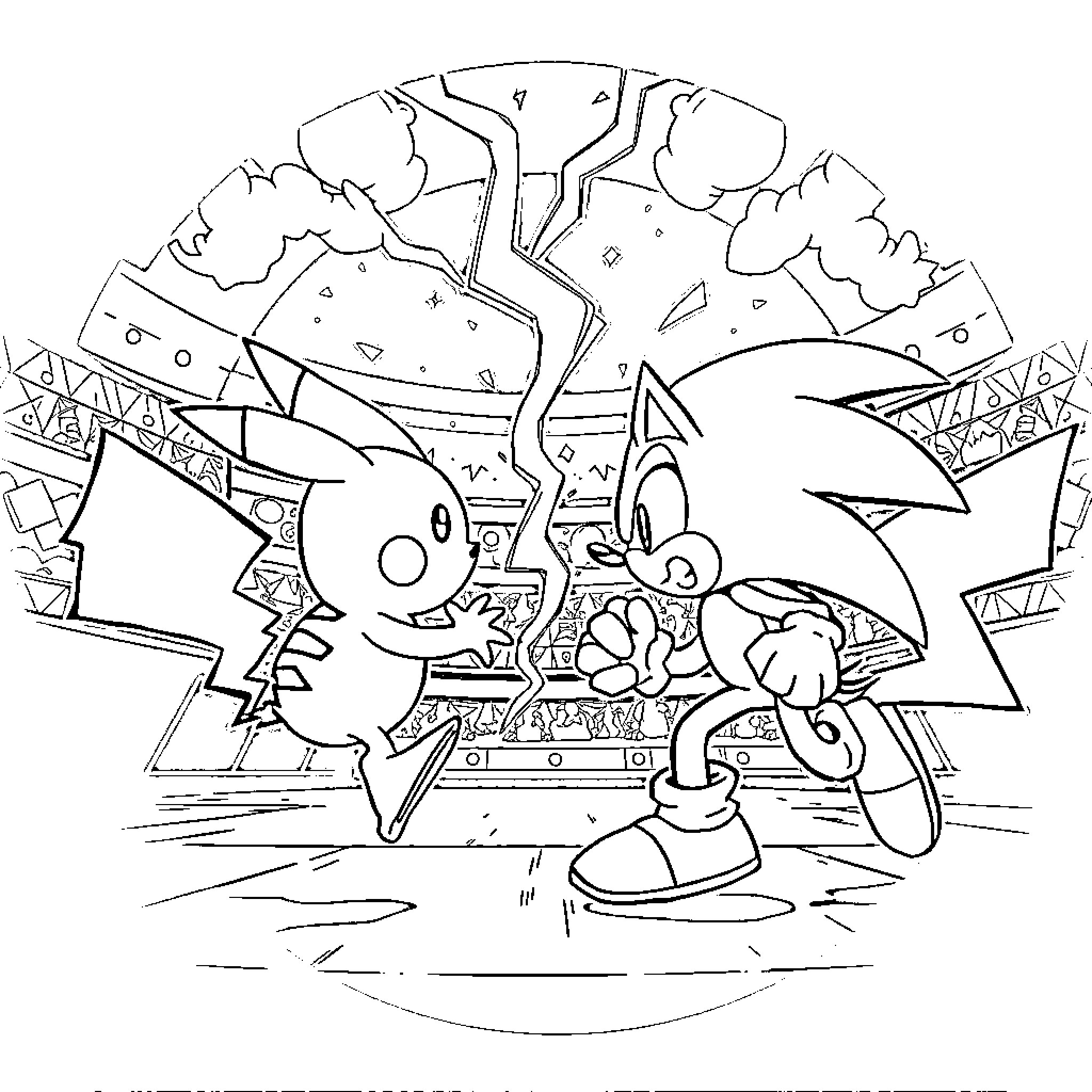 Sonic and Friends in Fantastical Adventure Coloring Page (free black-and-white line drawing printable PDF for all, from beginners to advanced learners, including children, teens, adults, and seniors)