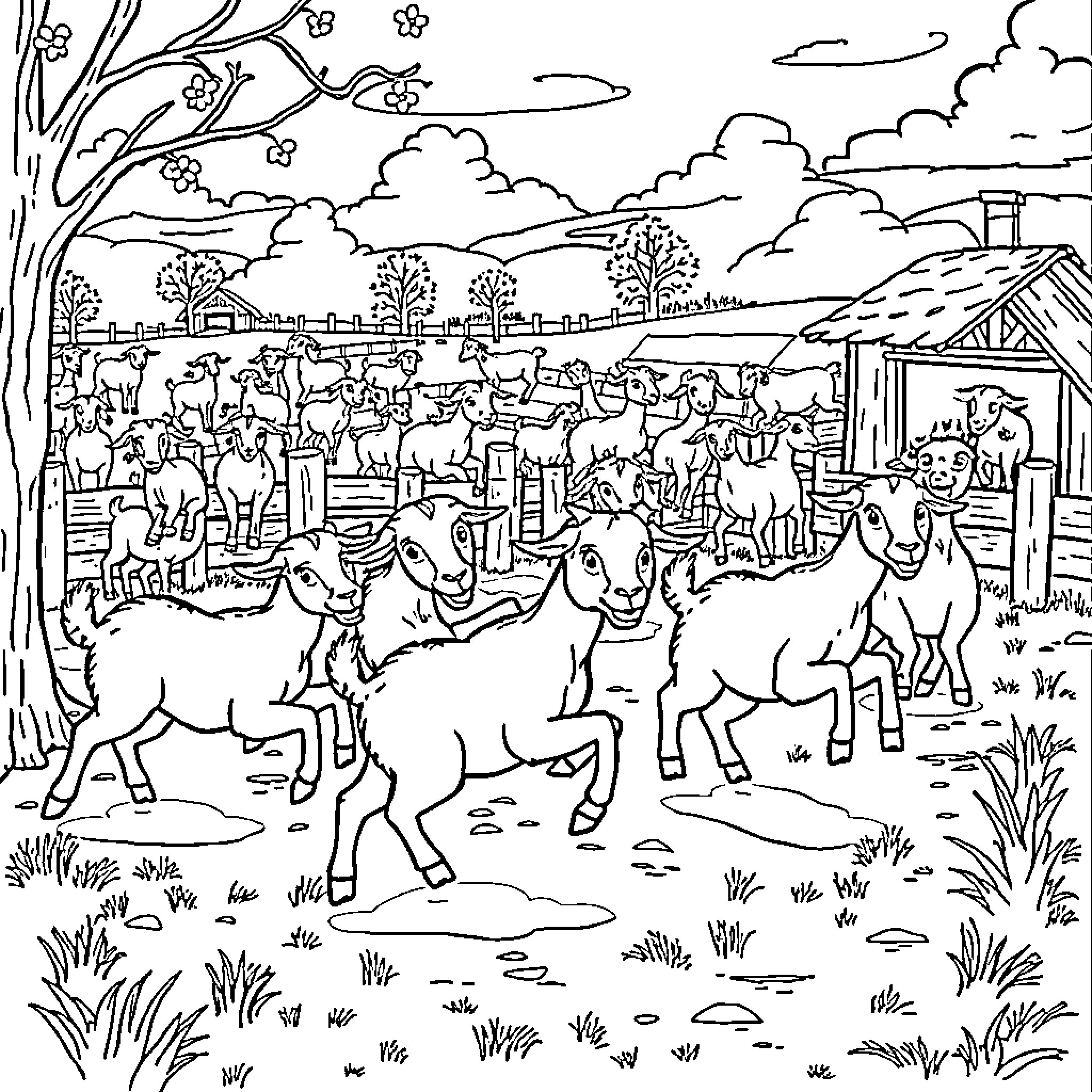 Goats grazing in a pastoral countryside scene Coloring Page (free black-and-white line drawing printable PDF for all, from beginners to advanced learners, including children, teens, adults, and seniors)