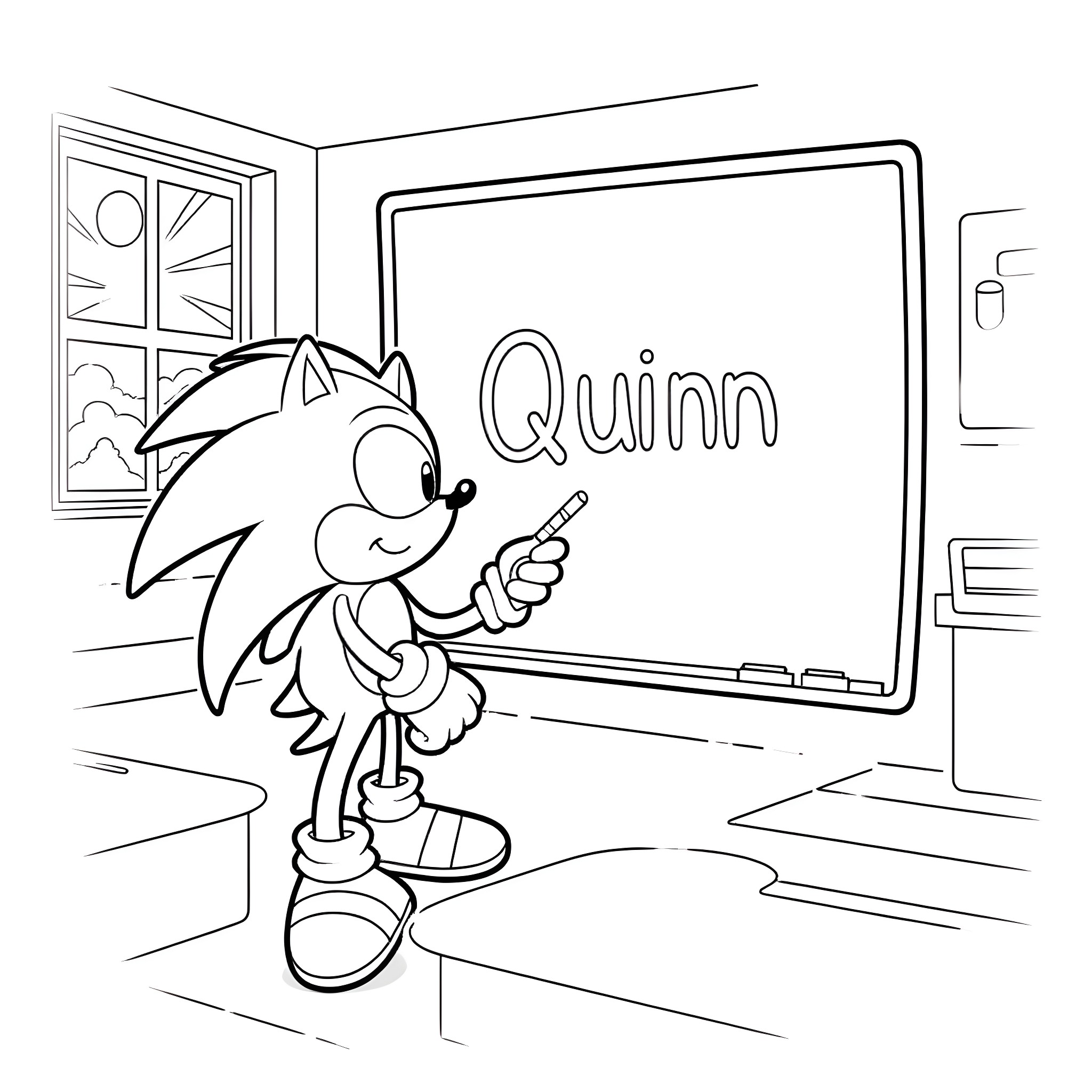Sonic writing his name on the classroom chalkboard Coloring Page (free black-and-white line drawing printable PDF for all, from beginners to advanced learners, including children, teens, adults, and seniors)