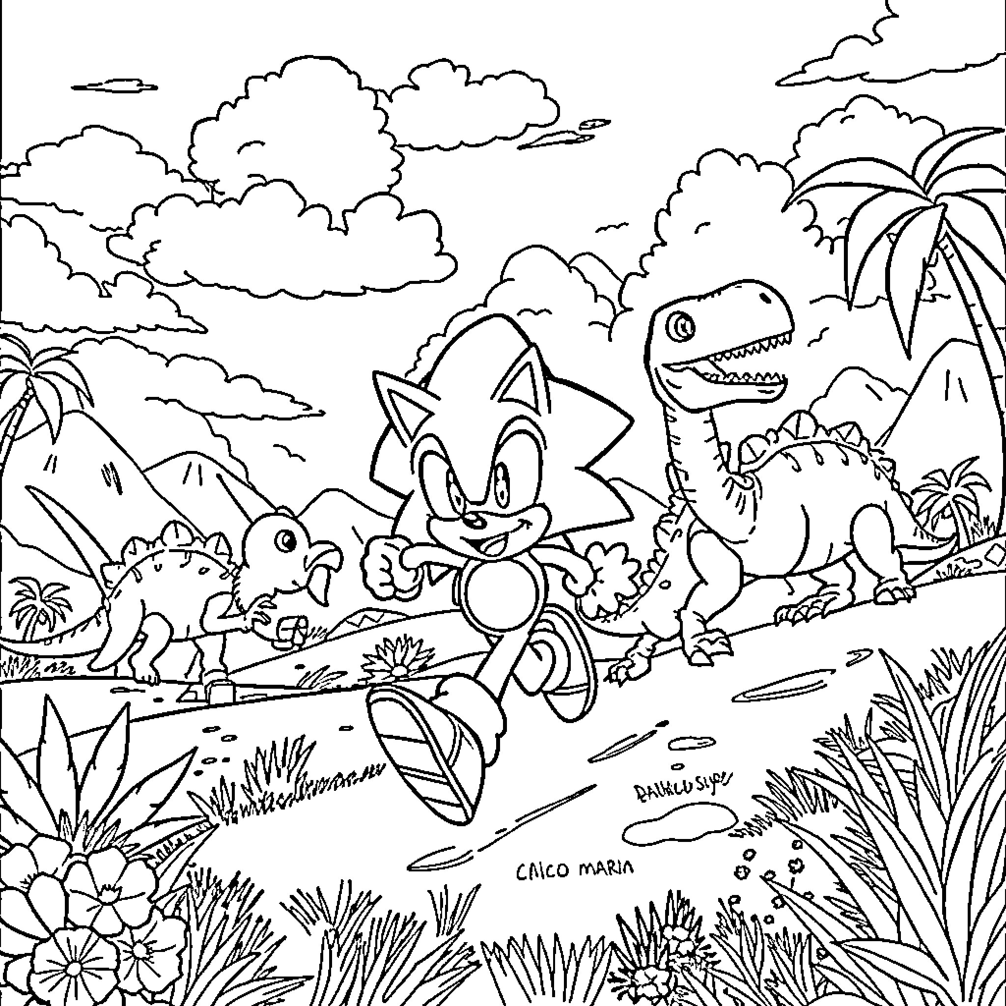 Sonic's Adventure in the Jungle Playground Coloring Page (free black-and-white line drawing printable PDF for all, from beginners to advanced learners, including children, teens, adults, and seniors)
