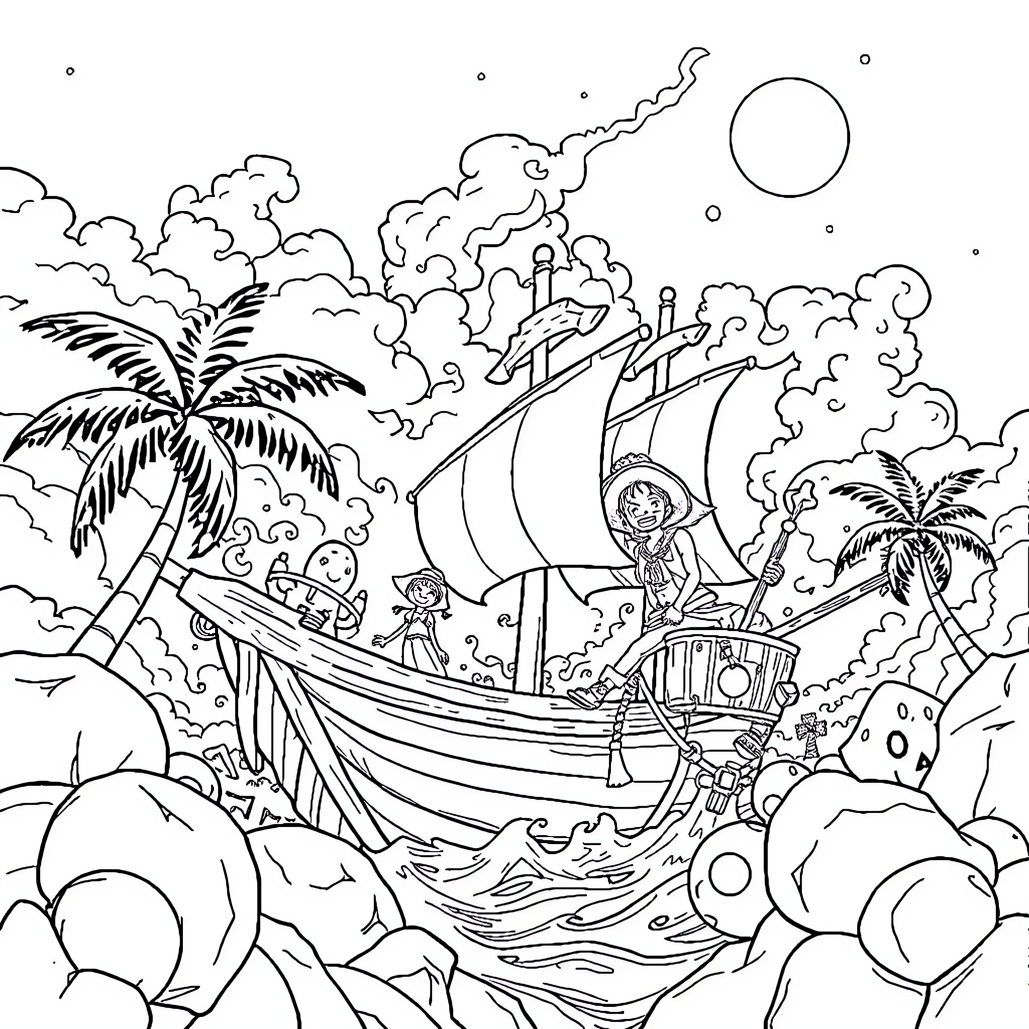 One Piece Treasure Pirate Ship Sailing on the Seas Coloring Page (free black-and-white line drawing printable PDF for all, from beginners to advanced learners, including children, teens, adults, and seniors)