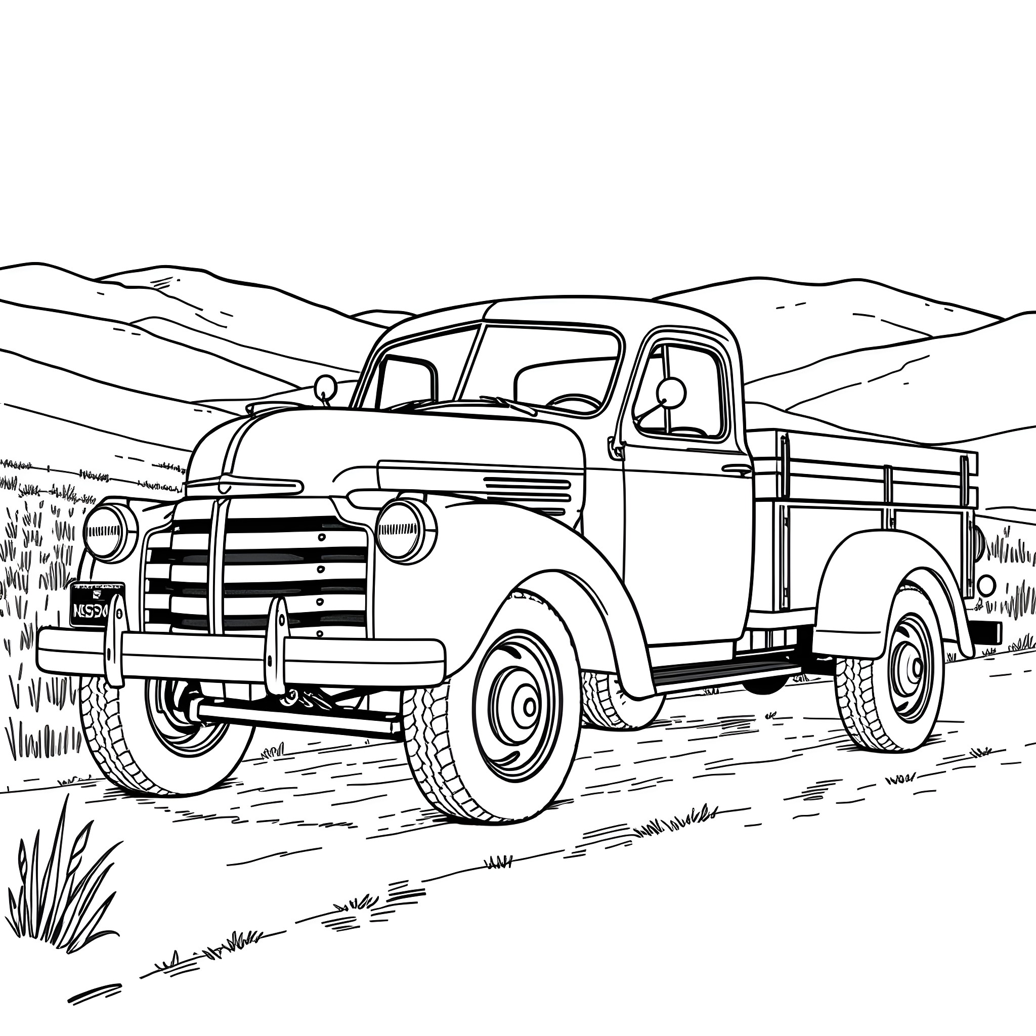 Truck transporting goods through rugged countryside Coloring Page (free black-and-white line drawing printable PDF for all, from beginners to advanced learners, including children, teens, adults, and seniors)