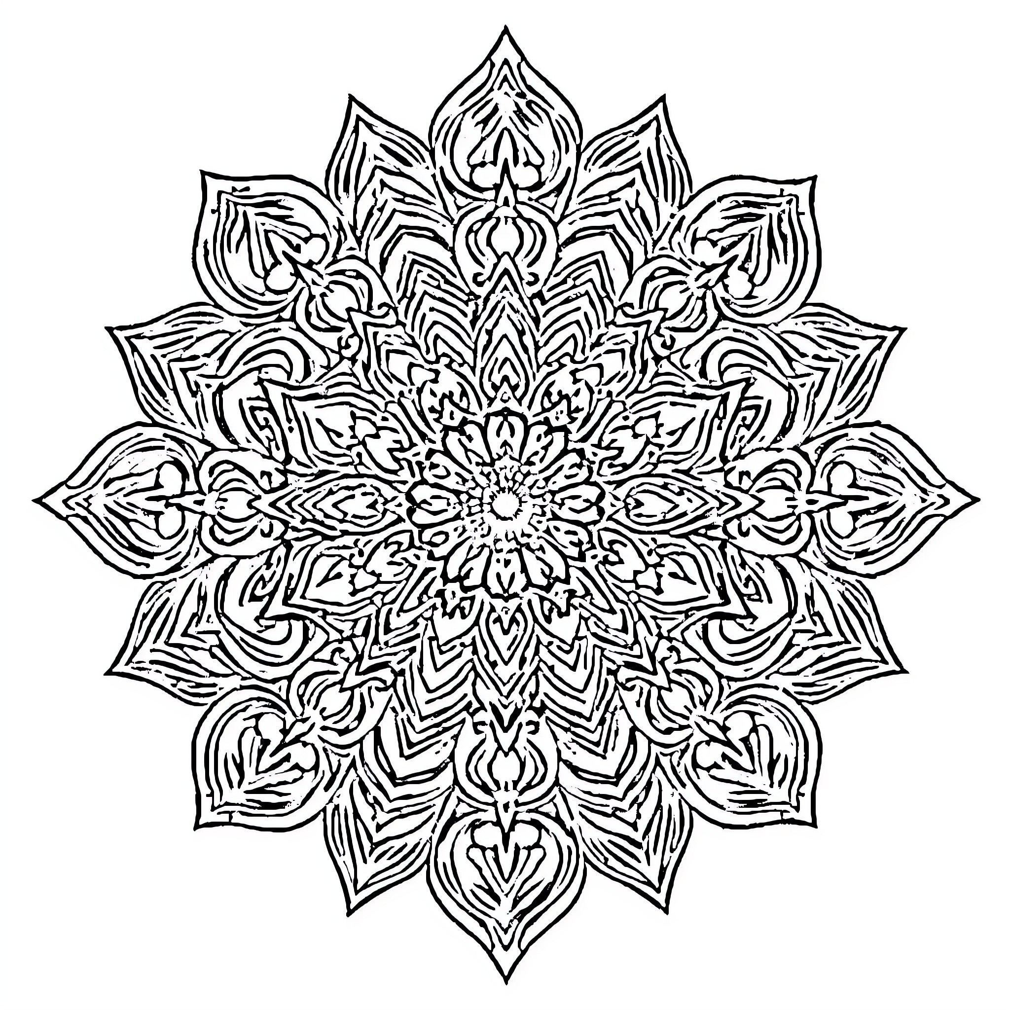 Water Mandala with intricate floral patterns Coloring Page (free black-and-white line drawing printable PDF for all, from beginners to advanced learners, including children, teens, adults, and seniors)