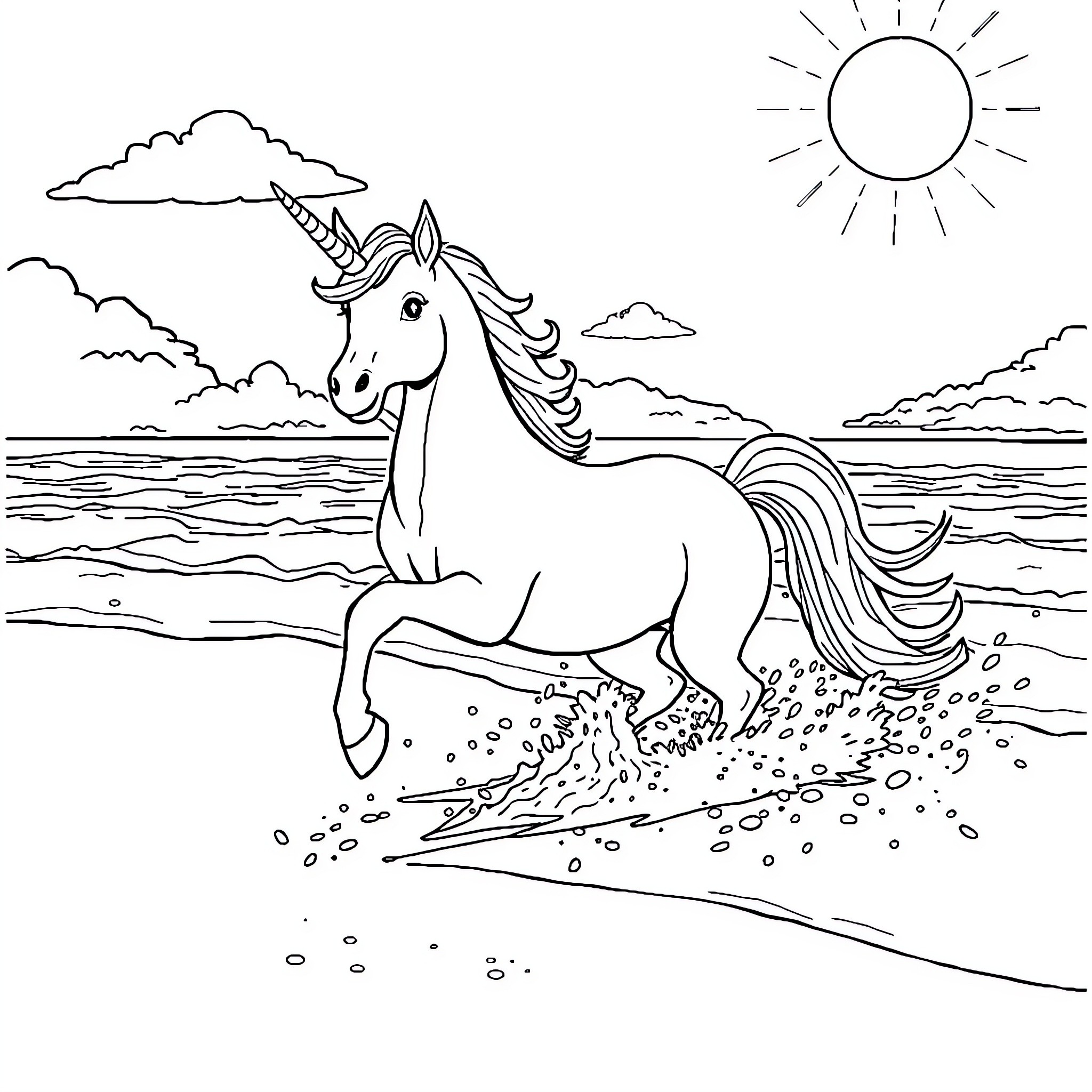 Unicorn prancing through the waves on the beach Coloring Page (free black-and-white line drawing printable PDF for all, from beginners to advanced learners, including children, teens, adults, and seniors)