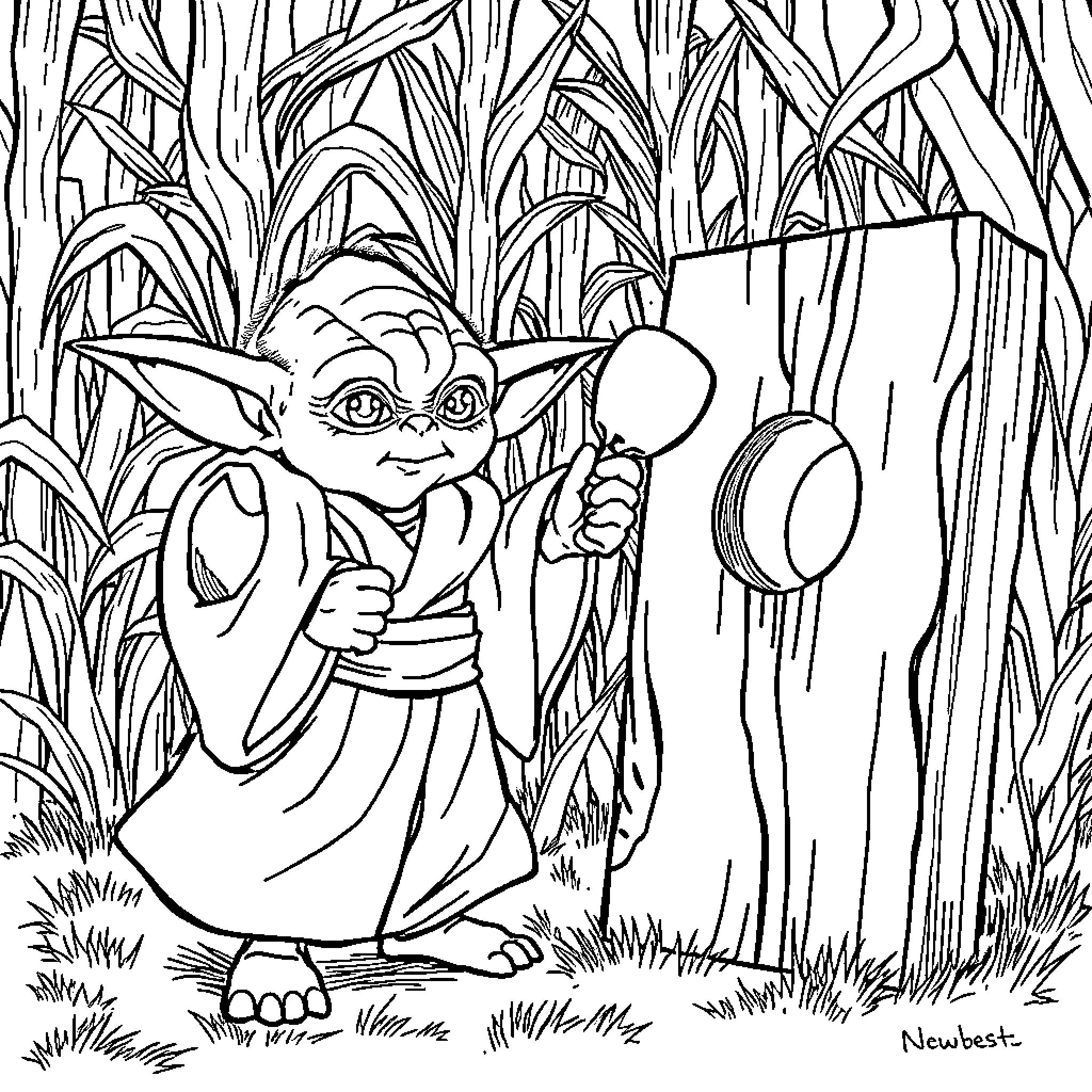 Yoda exploring the forest with magnifying glass Coloring Page (free black-and-white line drawing printable PDF for all, from beginners to advanced learners, including children, teens, adults, and seniors)