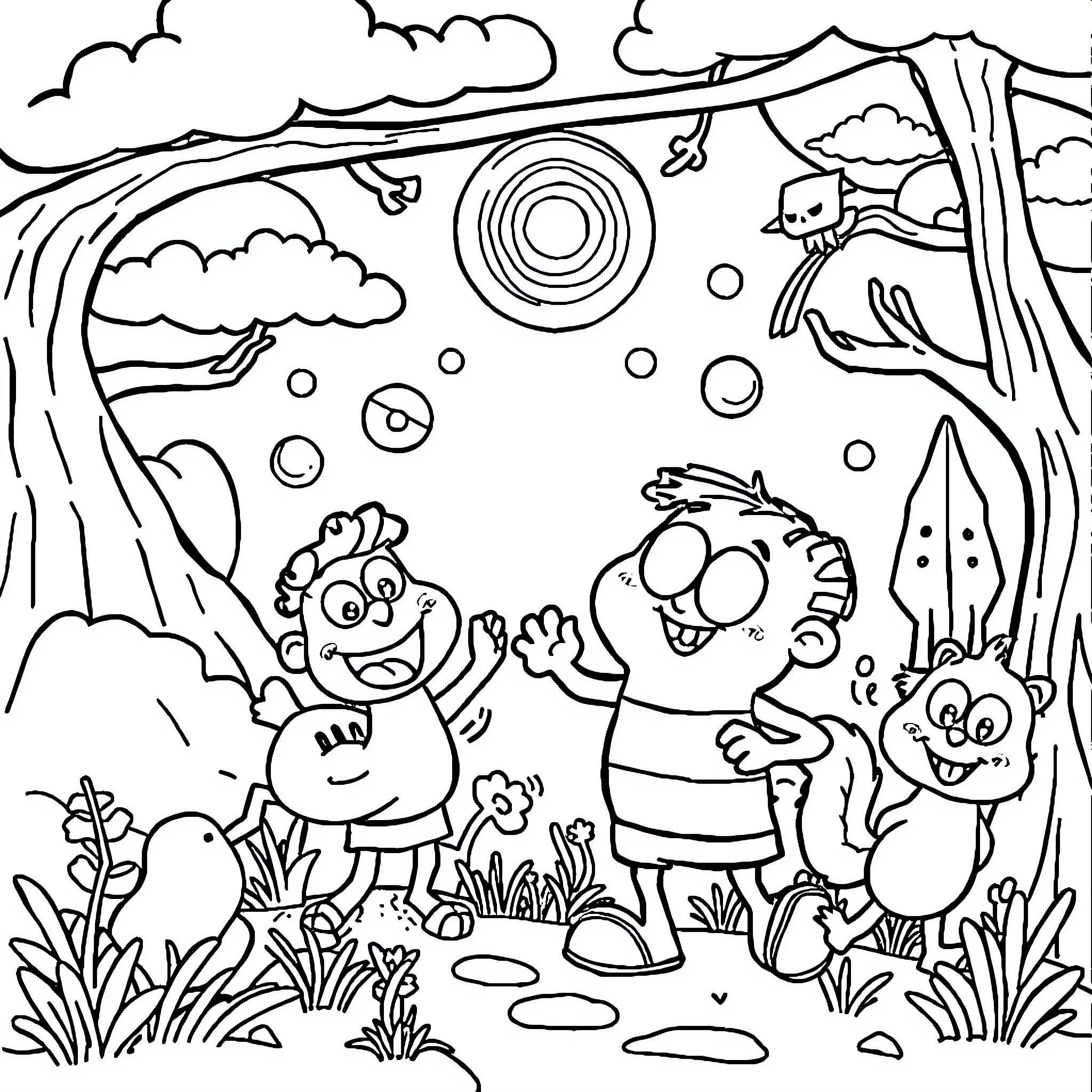 Cartoon Children Playing in Nature Coloring Page (free black-and-white line drawing printable PDF for all, from beginners to advanced learners, including children, teens, adults, and seniors)