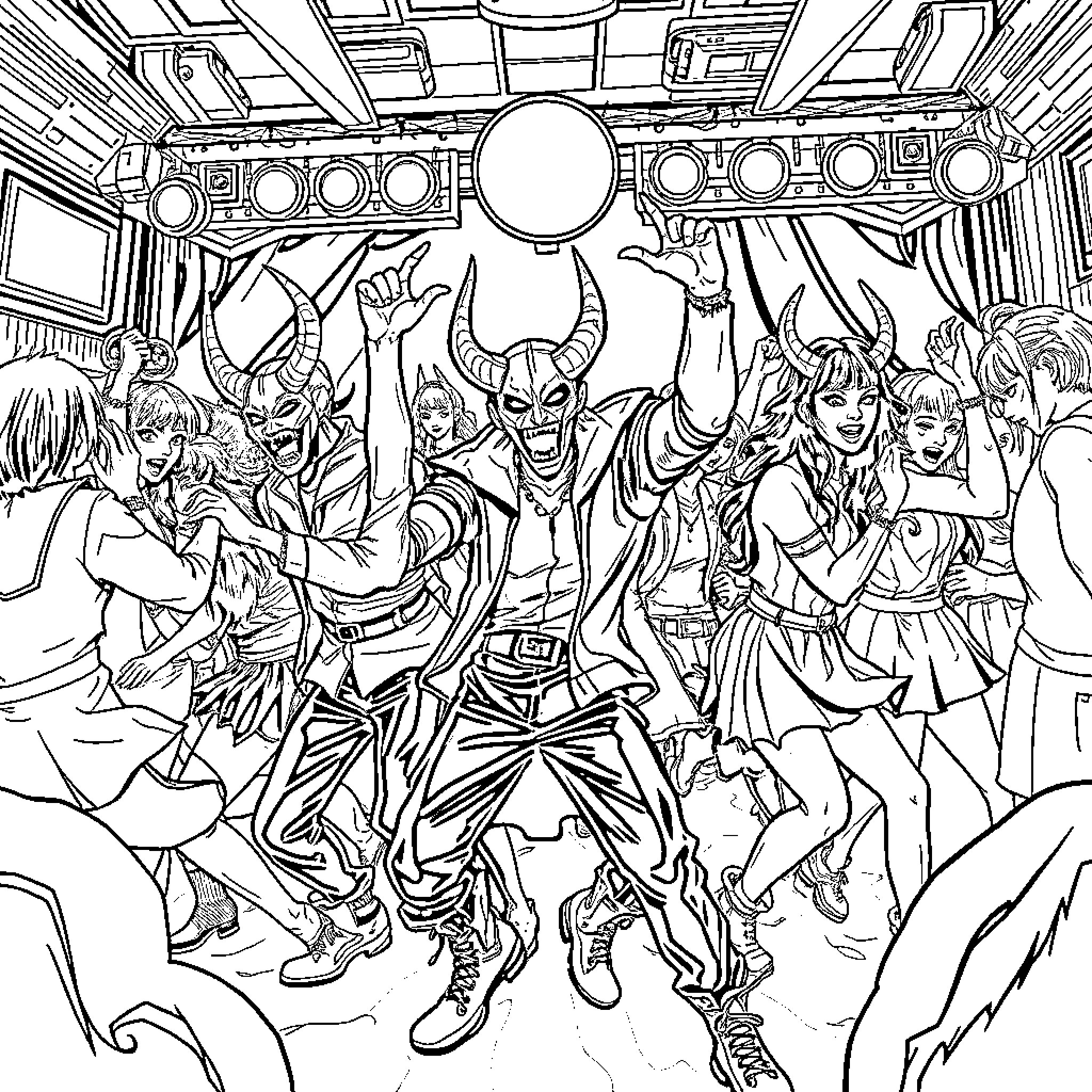 Demon Revelry Amid Chaos and Celebration Coloring Page (free black-and-white line drawing printable PDF for all, from beginners to advanced learners, including children, teens, adults, and seniors)