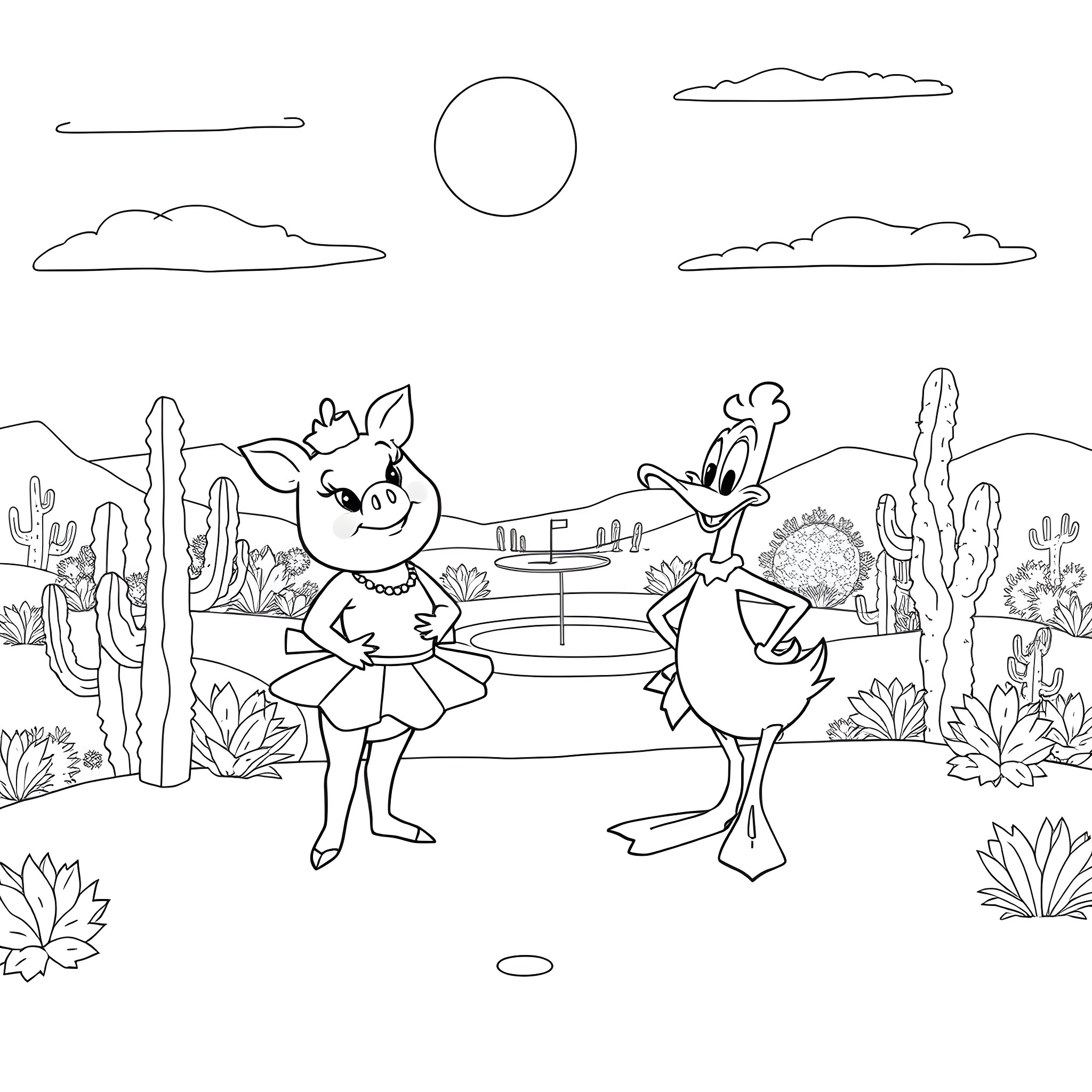 Porky Pig and Daffy Duck playing in the desert Coloring Page (free black-and-white line drawing printable PDF for all, from beginners to advanced learners, including children, teens, adults, and seniors)