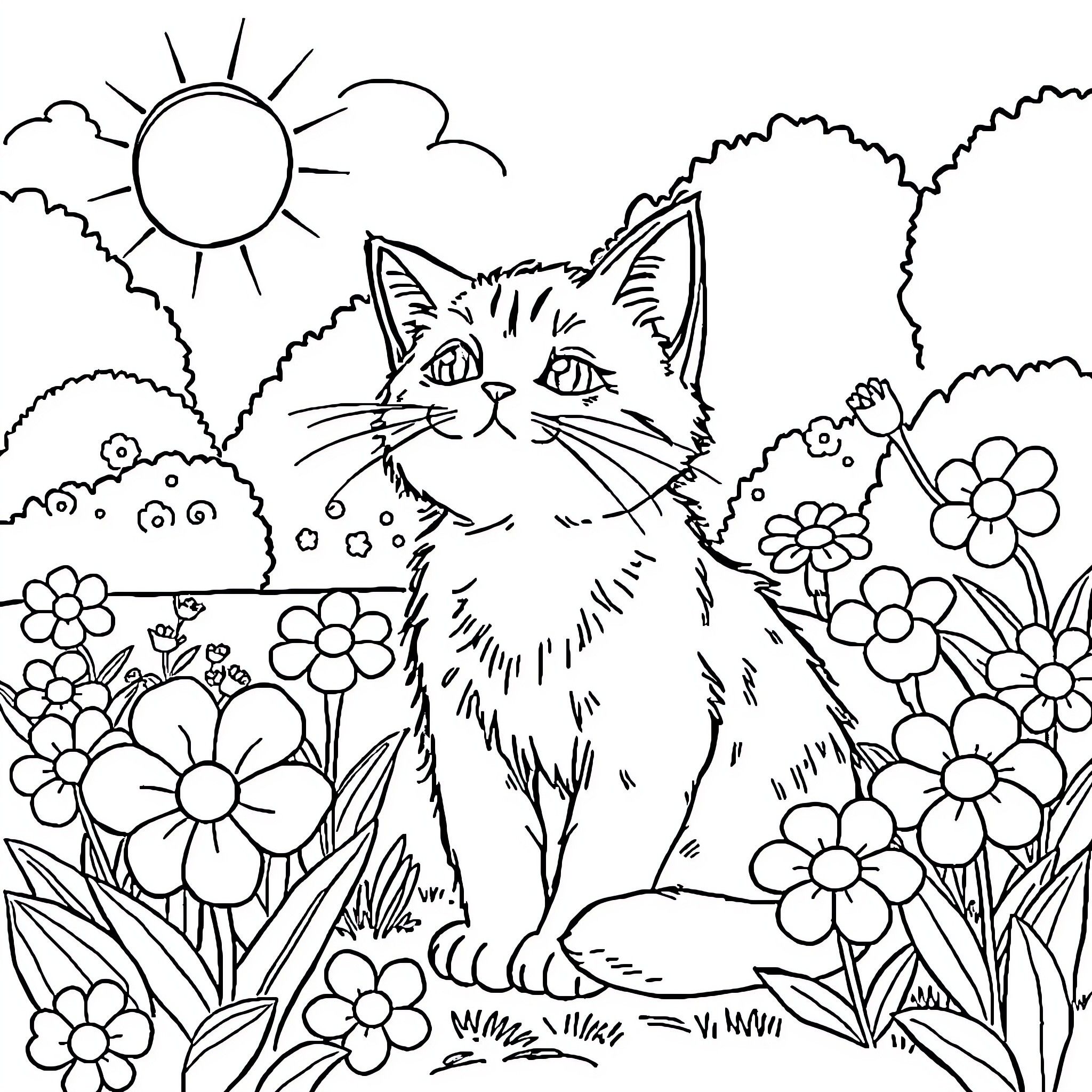 Cat sitting in a floral garden Coloring Page (free black-and-white line drawing printable PDF for all, from beginners to advanced learners, including children, teens, adults, and seniors)