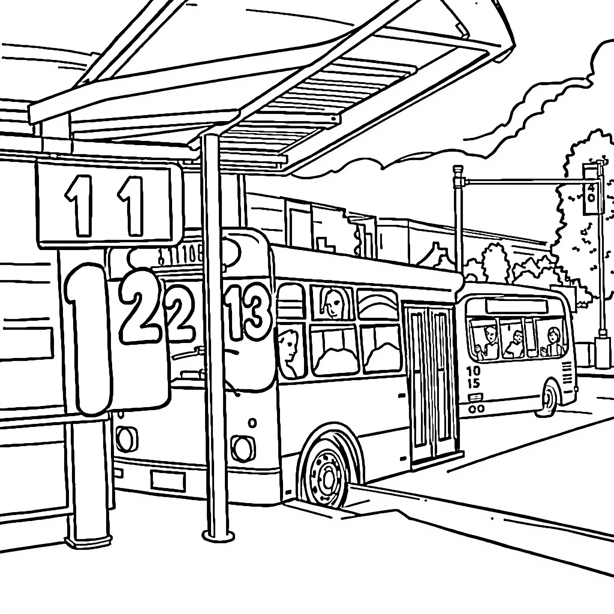 Number Bus Station with Numbers and Vehicles Coloring Page (free black-and-white line drawing printable PDF for all, from beginners to advanced learners, including children, teens, adults, and seniors)