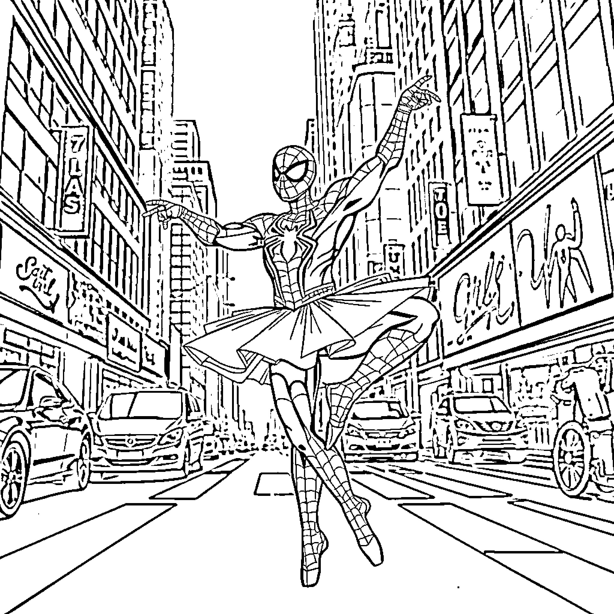 Spiderman dancing gracefully in a city street Coloring Page (free black-and-white line drawing printable PDF for all, from beginners to advanced learners, including children, teens, adults, and seniors)
