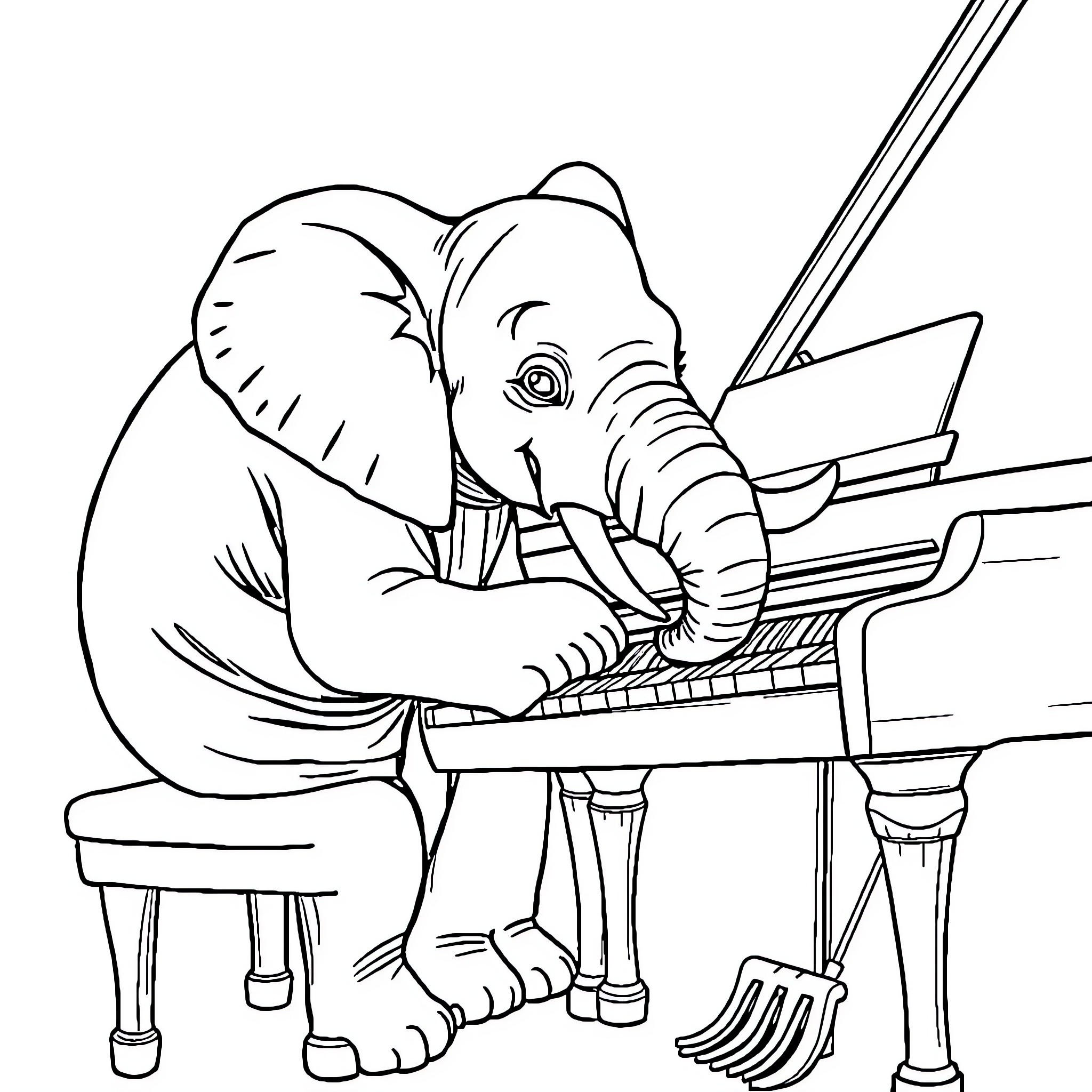 Elephant playing a grand piano Coloring Page (free black-and-white line drawing printable PDF for all, from beginners to advanced learners, including children, teens, adults, and seniors)