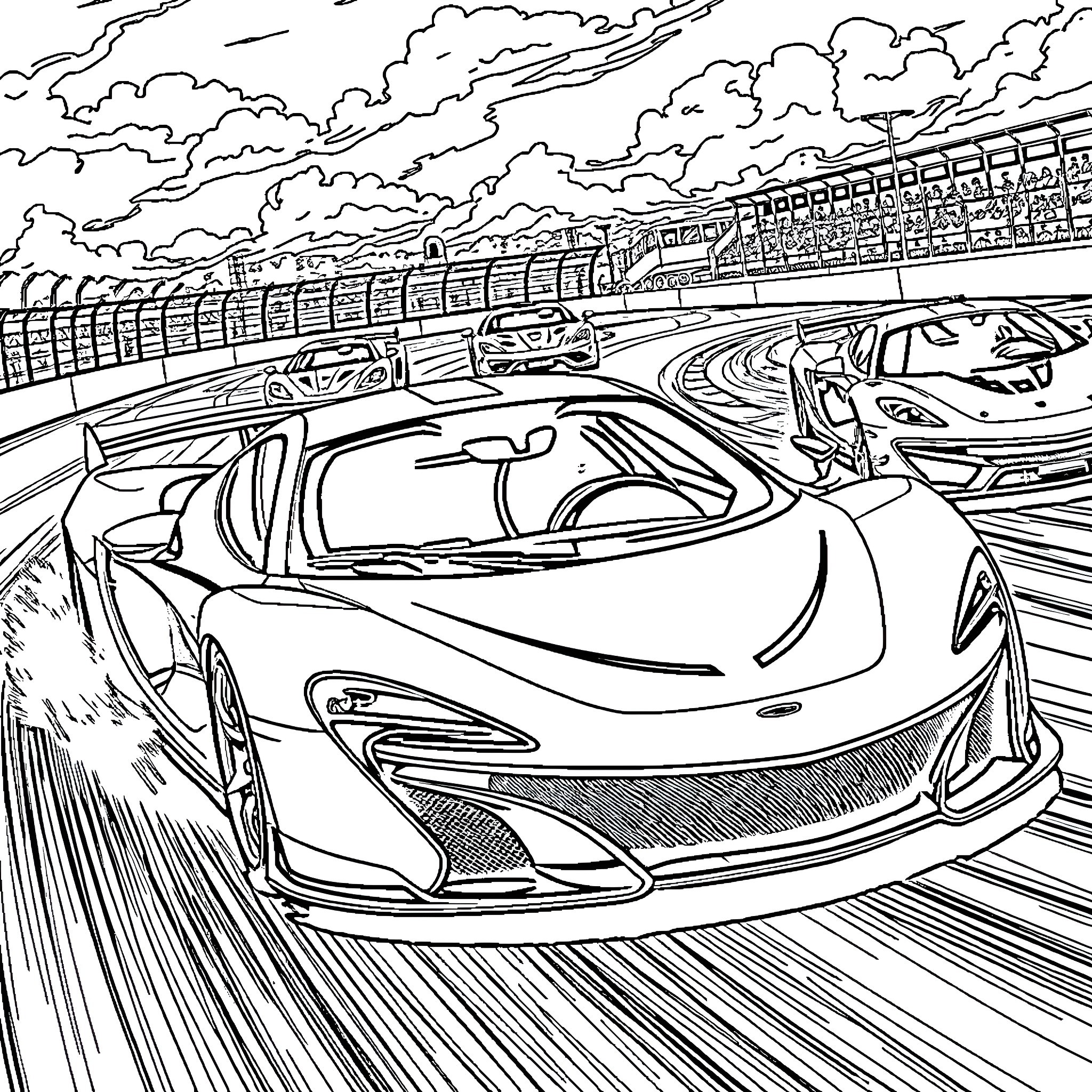 Maclaren racing on the track in the clouds Coloring Page (free black-and-white line drawing printable PDF for all, from beginners to advanced learners, including children, teens, adults, and seniors)