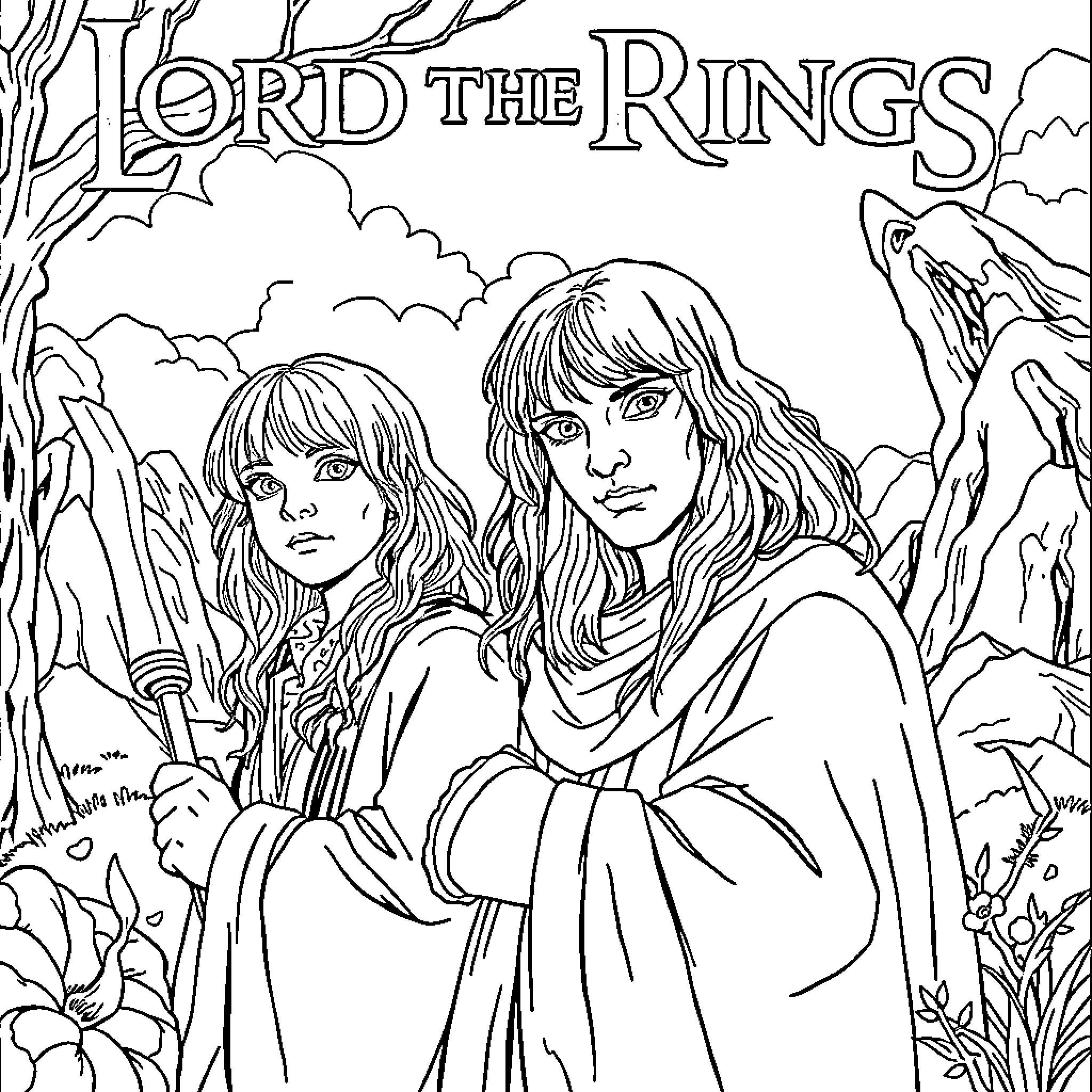 Lord of the Rings: Characters Explore Enchanted Landscapes Coloring Page (free black-and-white line drawing printable PDF for all, from beginners to advanced learners, including children, teens, adults, and seniors)