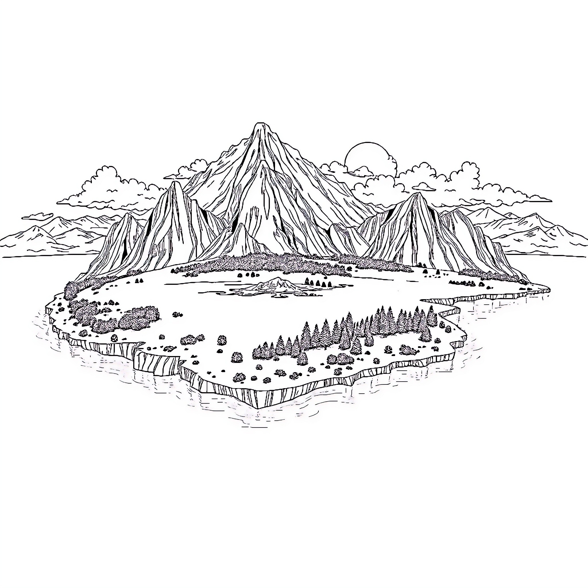 Volcano landscape with serene village and mountains Coloring Page (free black-and-white line drawing printable PDF for all, from beginners to advanced learners, including children, teens, adults, and seniors)