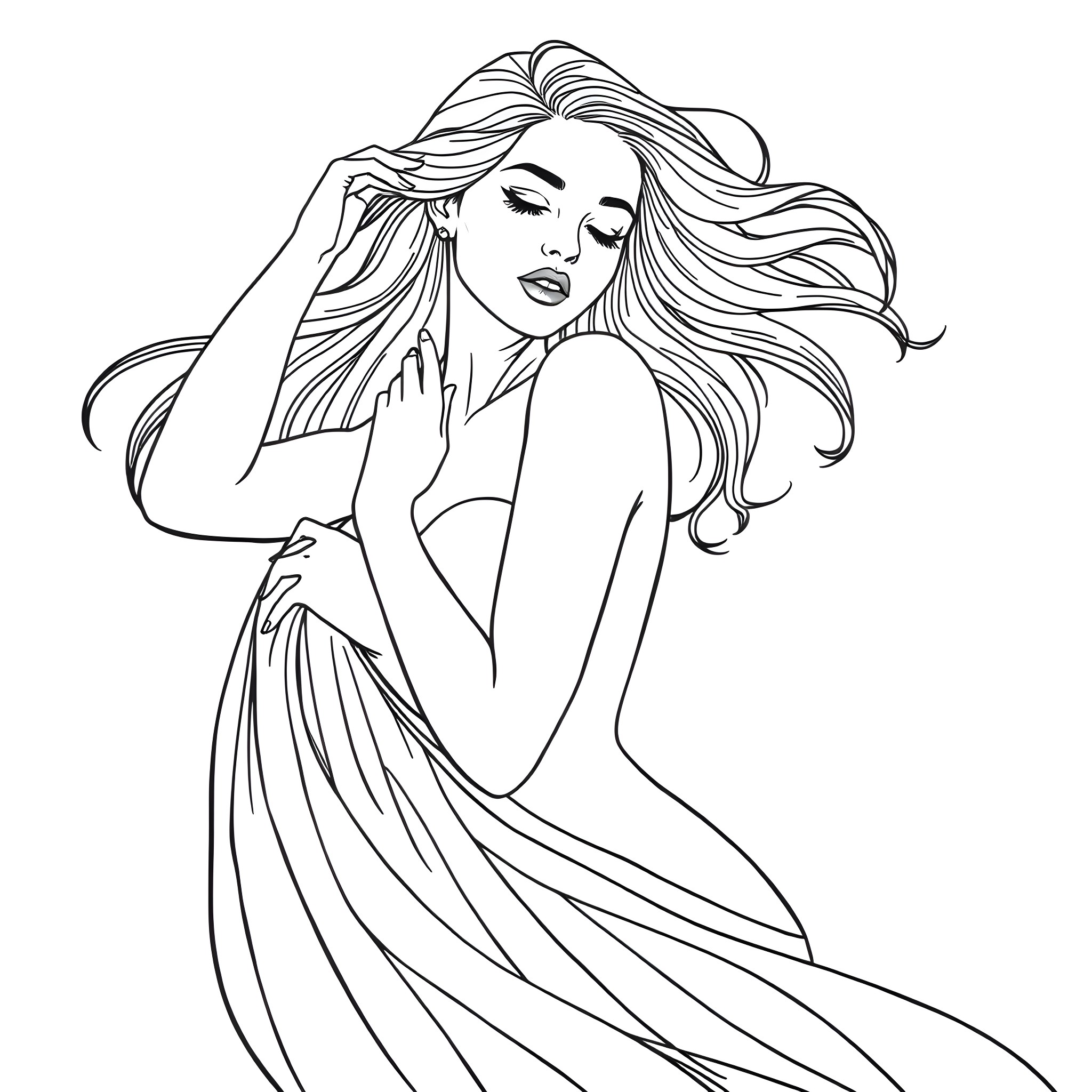 Woman in a flowing dress with long wavy hair Coloring Page (free black-and-white line drawing printable PDF for all, from beginners to advanced learners, including children, teens, adults, and seniors)