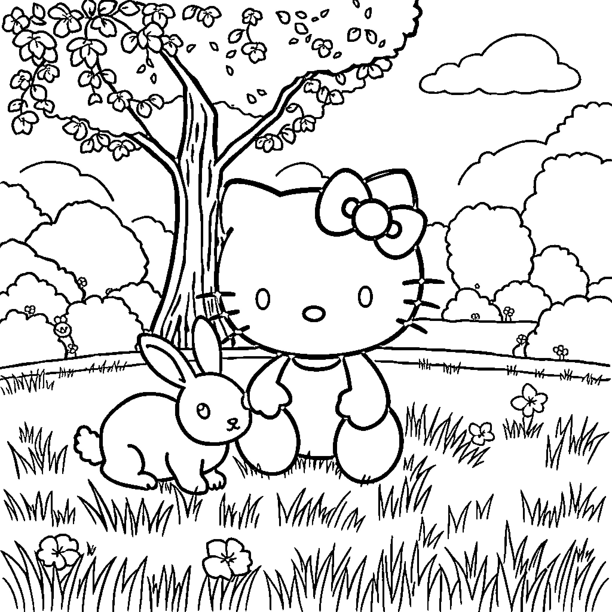 Hello Kitty enjoying nature with bunny friends Coloring Page (free black-and-white line drawing printable PDF for all, from beginners to advanced learners, including children, teens, adults, and seniors)