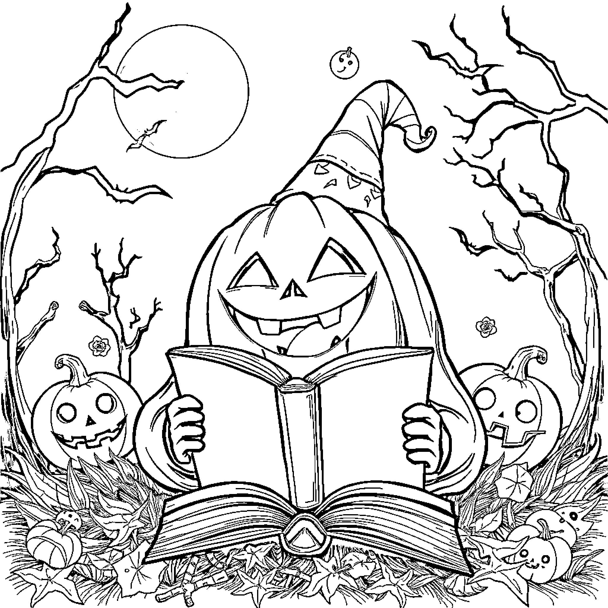 Pumpkin Reading a Spooky Book on Halloween Night Coloring Page (free black-and-white line drawing printable PDF for all, from beginners to advanced learners, including children, teens, adults, and seniors)