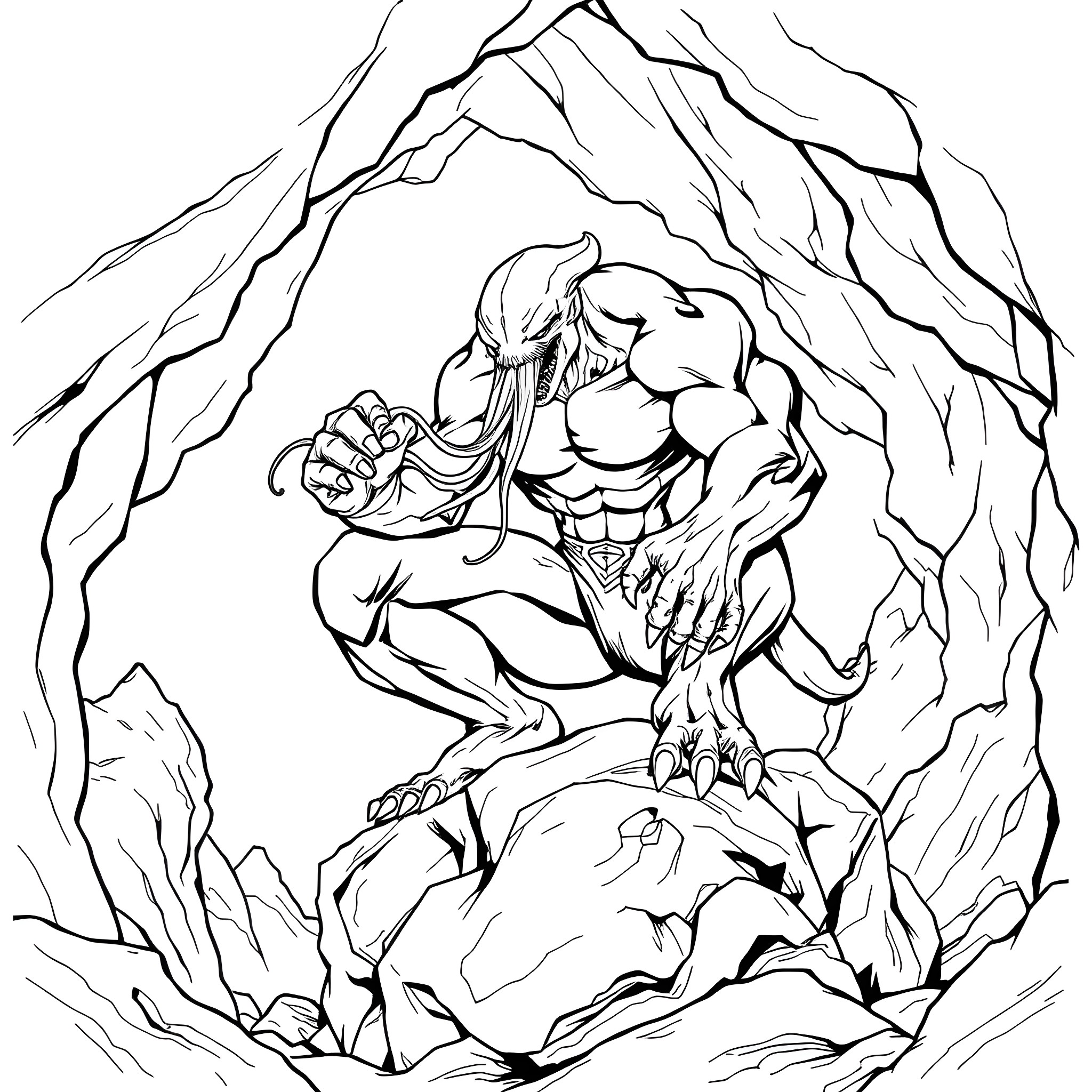 Venom unleashed in a rocky cavern Coloring Page (free black-and-white line drawing printable PDF for all, from beginners to advanced learners, including children, teens, adults, and seniors)