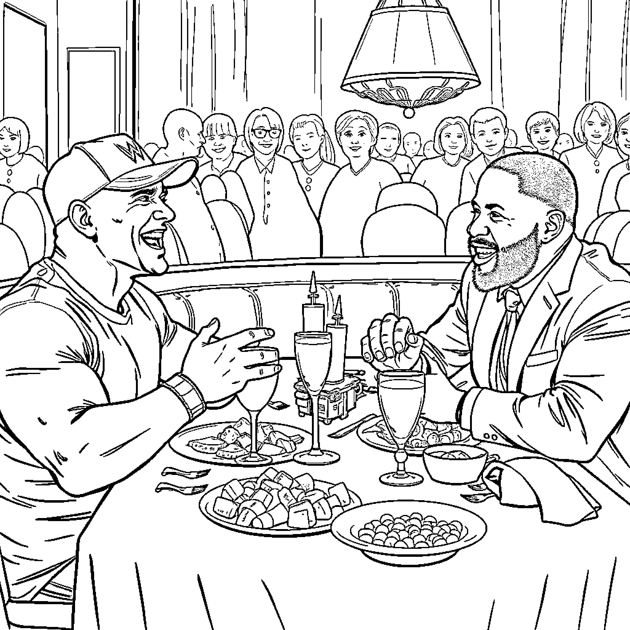 John Cena Enjoys a Lively Dinner with Friends Coloring Page (free black-and-white line drawing printable PDF for all, from beginners to advanced learners, including children, teens, adults, and seniors)