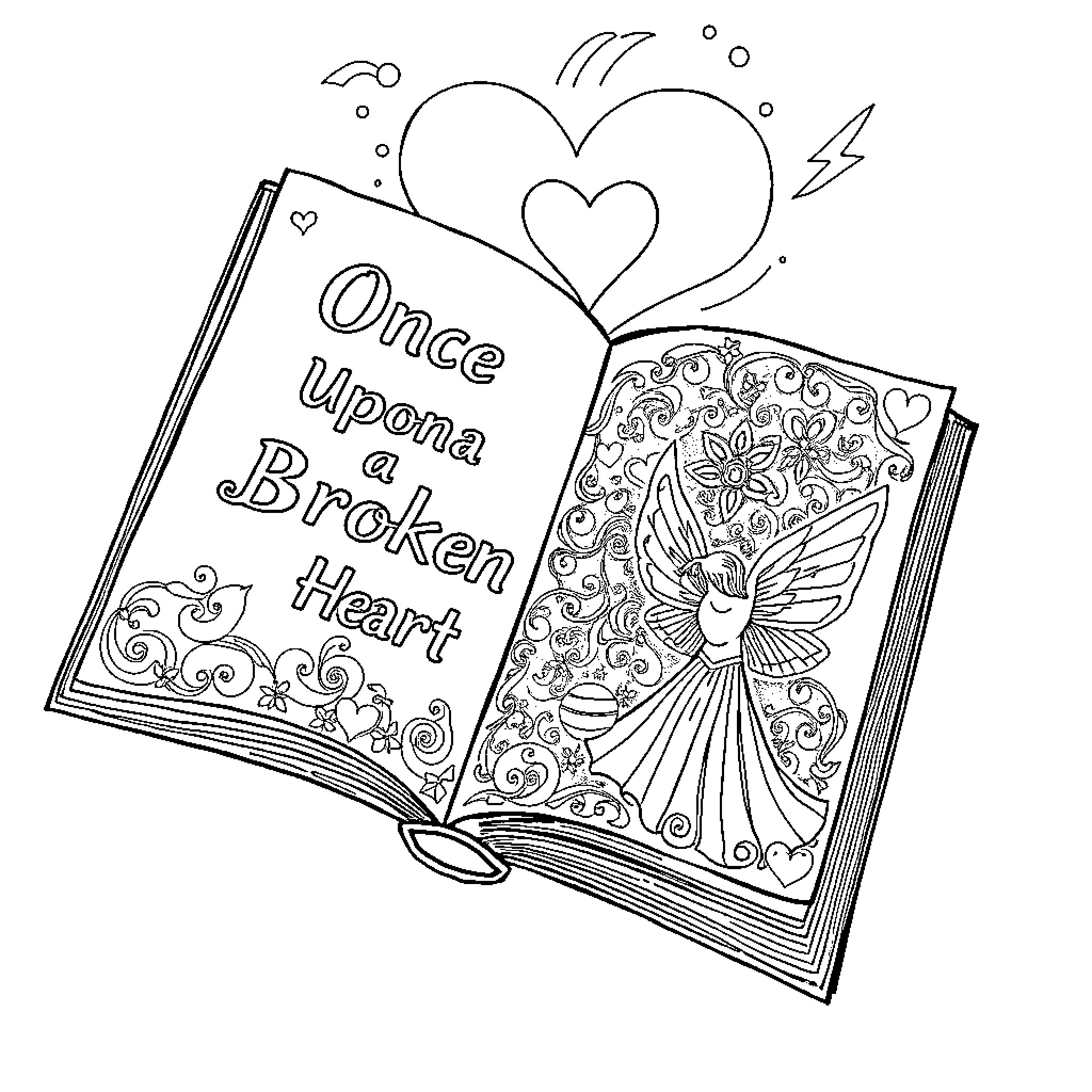 Book of Broken Heart with Whimsical Illustrations Coloring Page (free black-and-white line drawing printable PDF for all, from beginners to advanced learners, including children, teens, adults, and seniors)