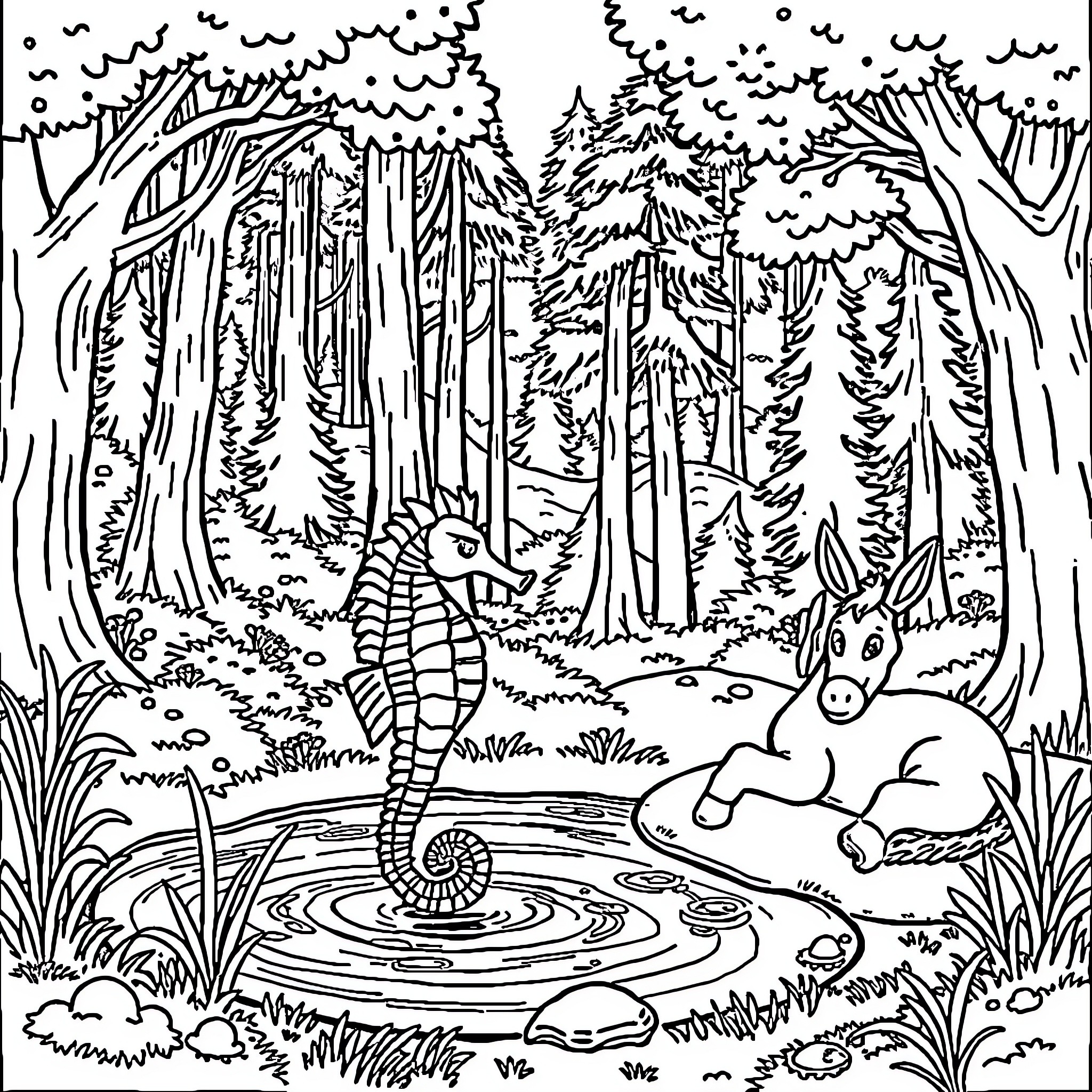 Seahorse exploring a serene forest landscape Coloring Page (free black-and-white line drawing printable PDF for all, from beginners to advanced learners, including children, teens, adults, and seniors)