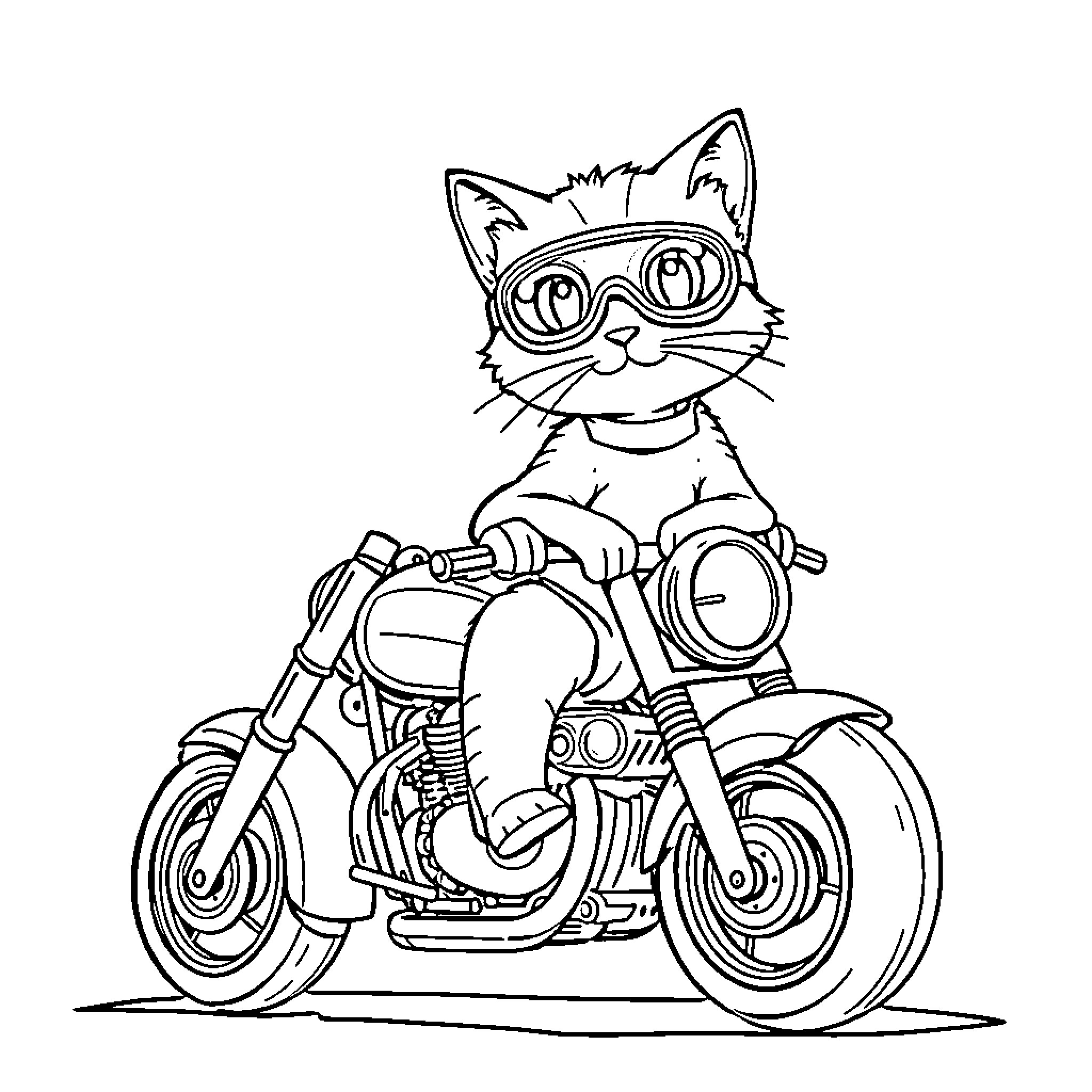 Cat riding cool motorcycle with goggles Coloring Page (free black-and-white line drawing printable PDF for all, from beginners to advanced learners, including children, teens, adults, and seniors)