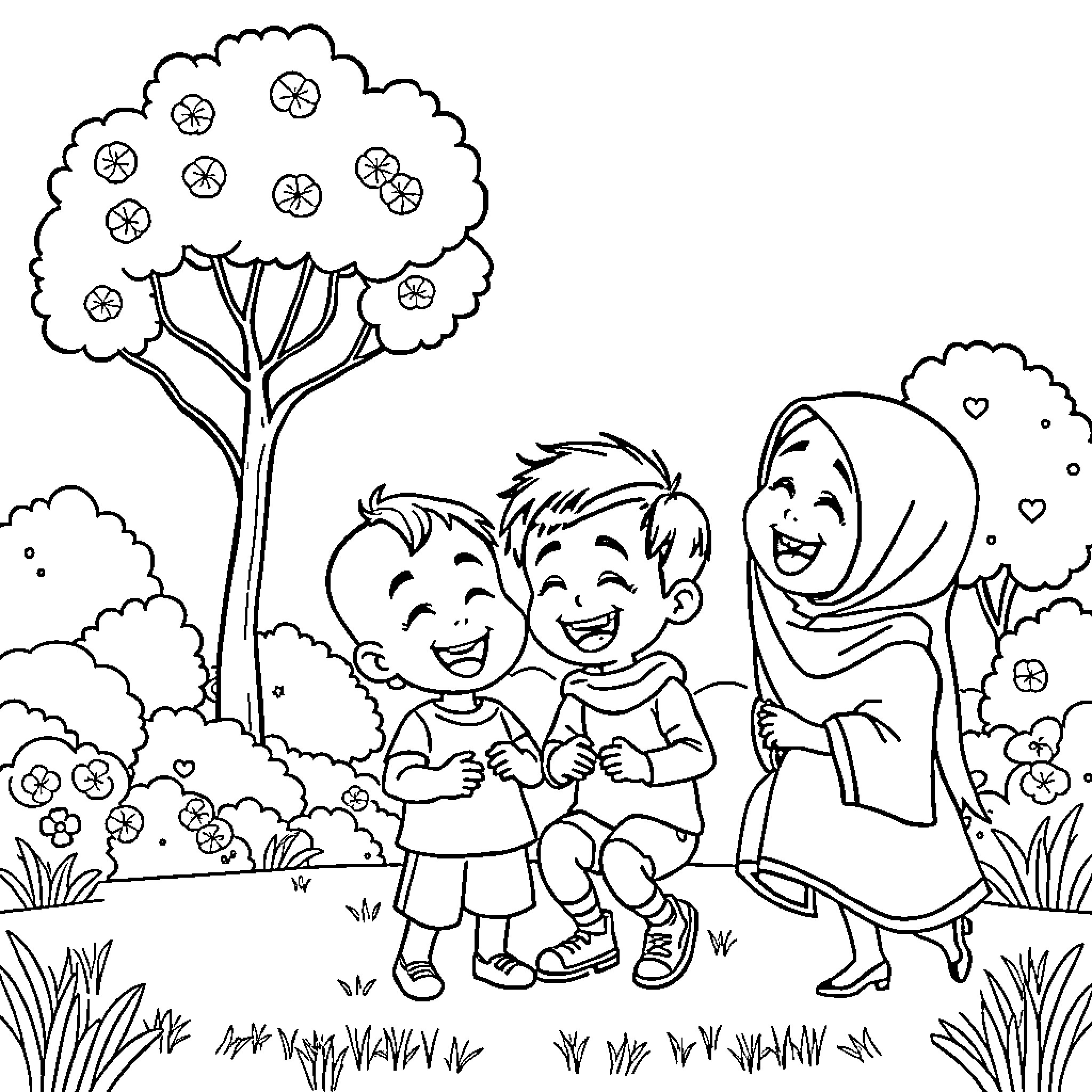 Upin and Ipin playing joyfully with their friend in the park Coloring Page (free black-and-white line drawing printable PDF for all, from beginners to advanced learners, including children, teens, adults, and seniors)