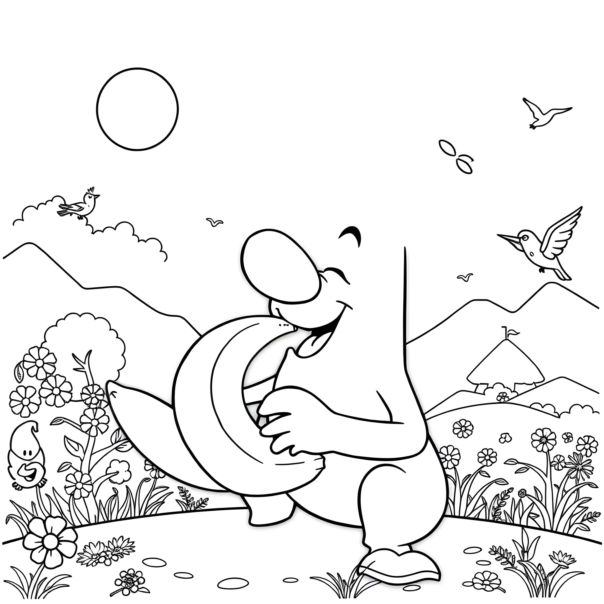 Doh! Playful creature frolicking in a whimsical landscape Coloring Page (free black-and-white line drawing printable PDF for all, from beginners to advanced learners, including children, teens, adults, and seniors)