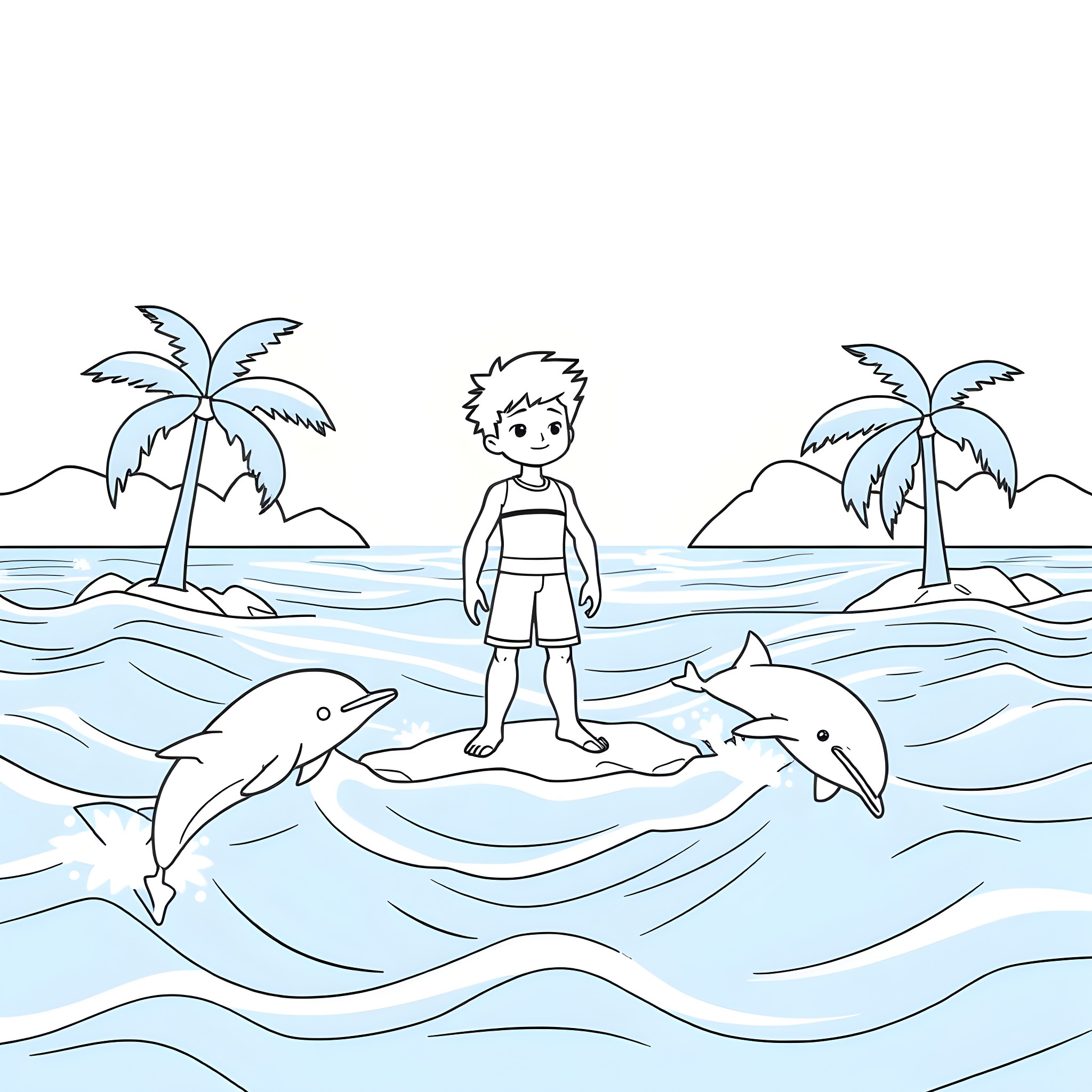 Steven Universe playing with dolphins on a tropical beach Coloring Page (free black-and-white line drawing printable PDF for all, from beginners to advanced learners, including children, teens, adults, and seniors)