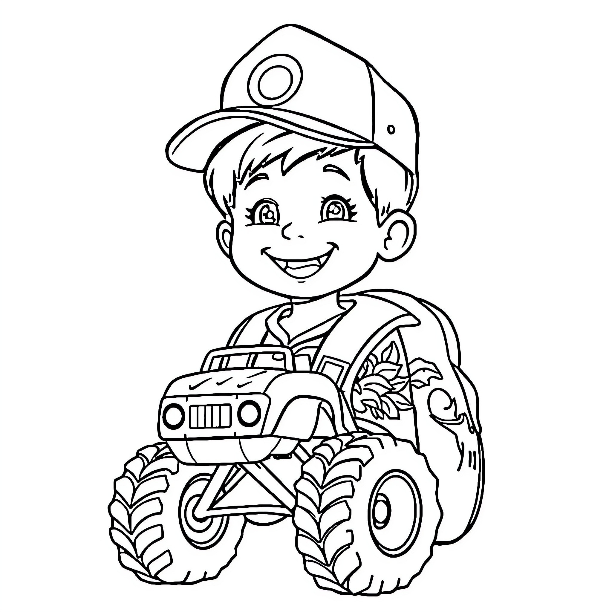 Kindergartener driving a monster truck with joy Coloring Page (free black-and-white line drawing printable PDF for all, from beginners to advanced learners, including children, teens, adults, and seniors)