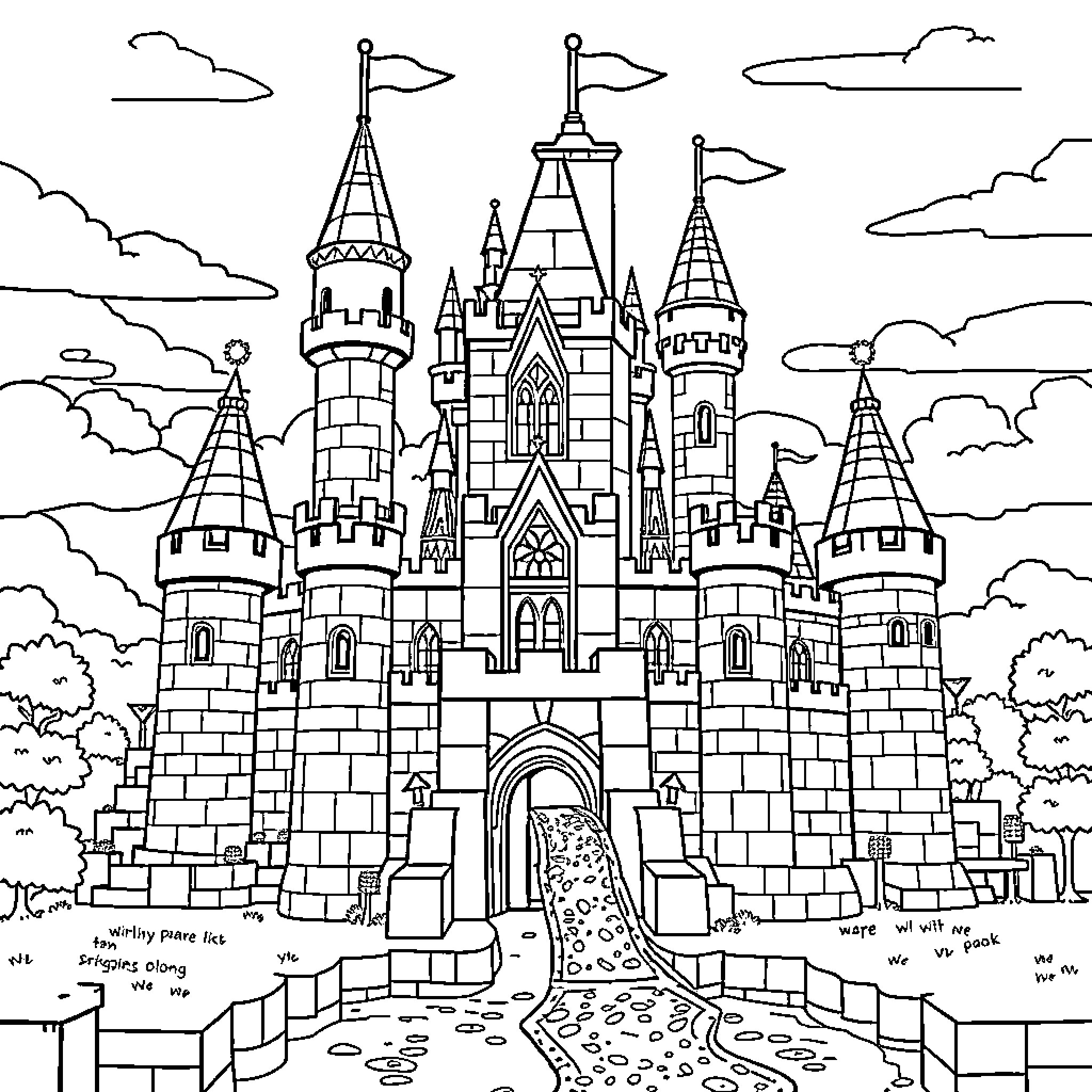 Castle with Intricate Architectural Details and Flags Coloring Page (free black-and-white line drawing printable PDF for all, from beginners to advanced learners, including children, teens, adults, and seniors)
