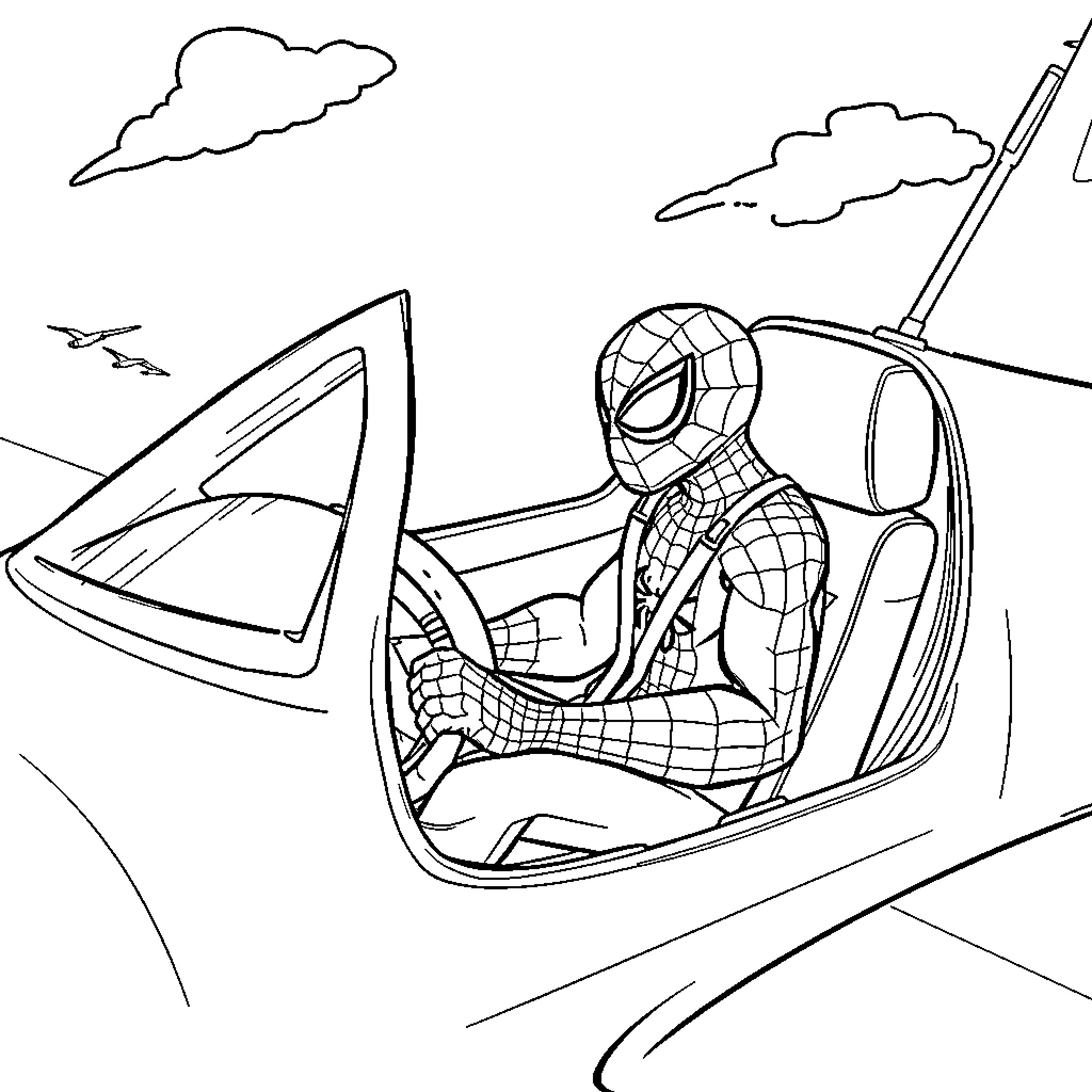 Spider-Man web-swinging through the city Coloring Page (free black-and-white line drawing printable PDF for all, from beginners to advanced learners, including children, teens, adults, and seniors)