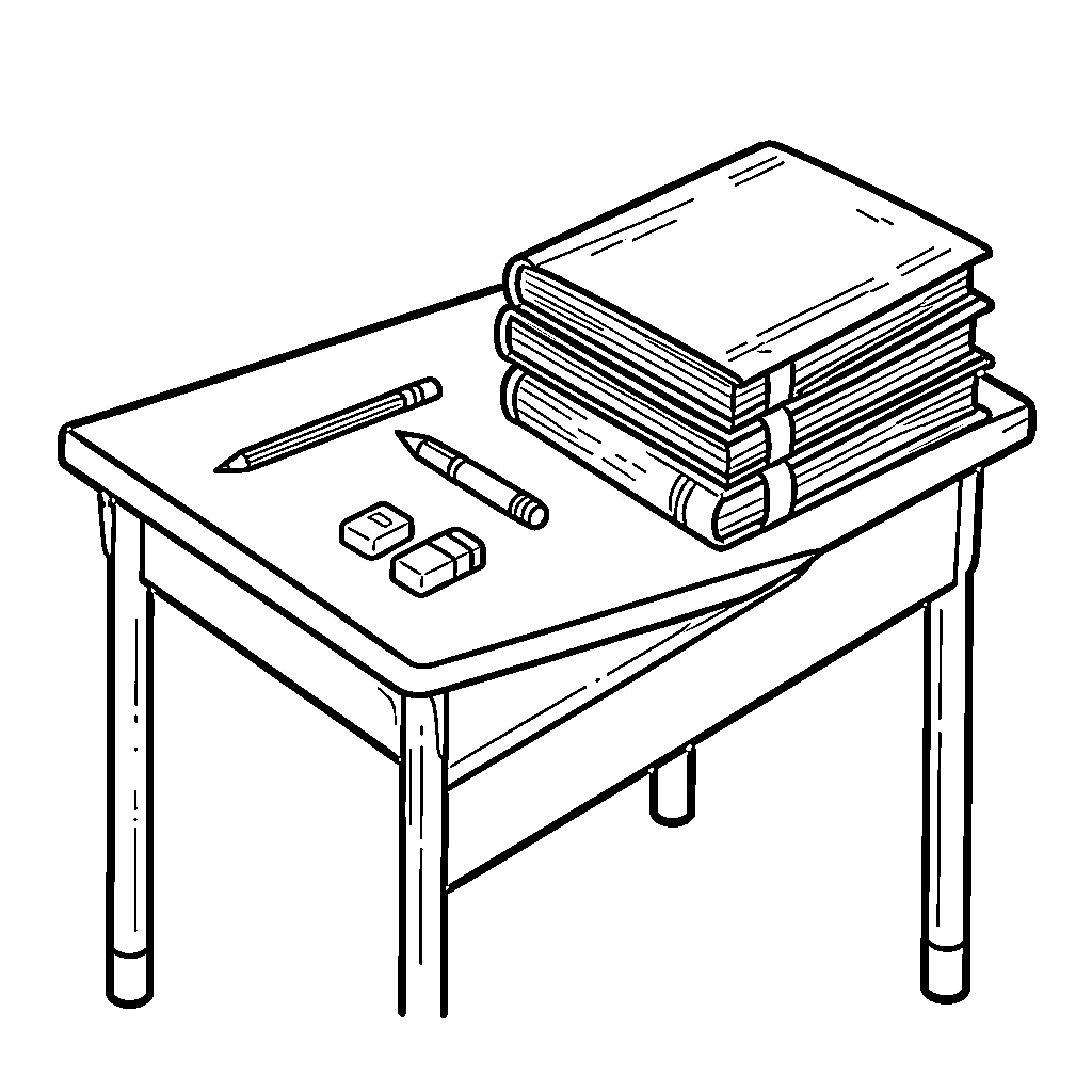 Desk with a stack of books and stationery Coloring Page (free black-and-white line drawing printable PDF for all, from beginners to advanced learners, including children, teens, adults, and seniors)
