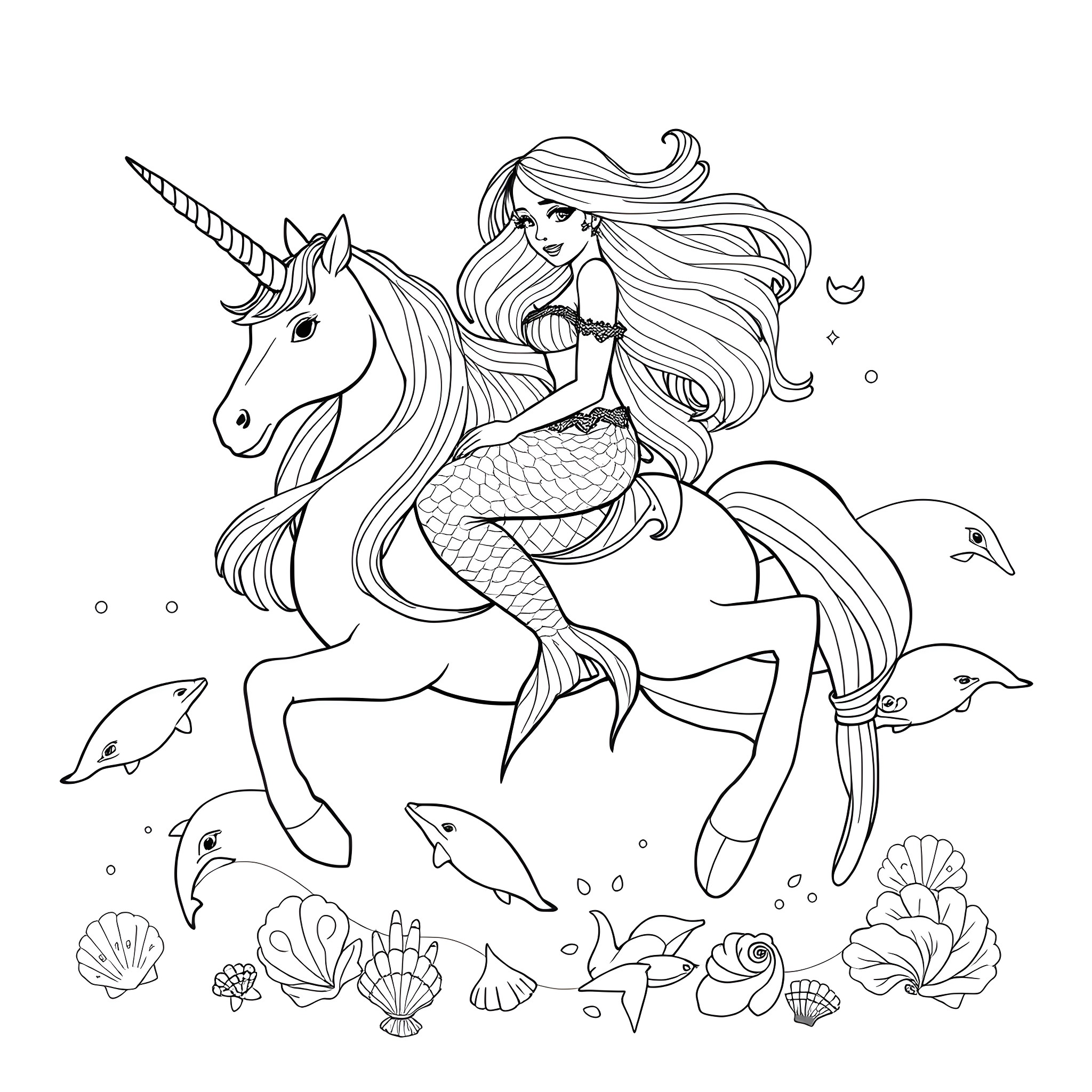 Mermaid riding a magical unicorn in the ocean Coloring Page (free black-and-white line drawing printable PDF for all, from beginners to advanced learners, including children, teens, adults, and seniors)