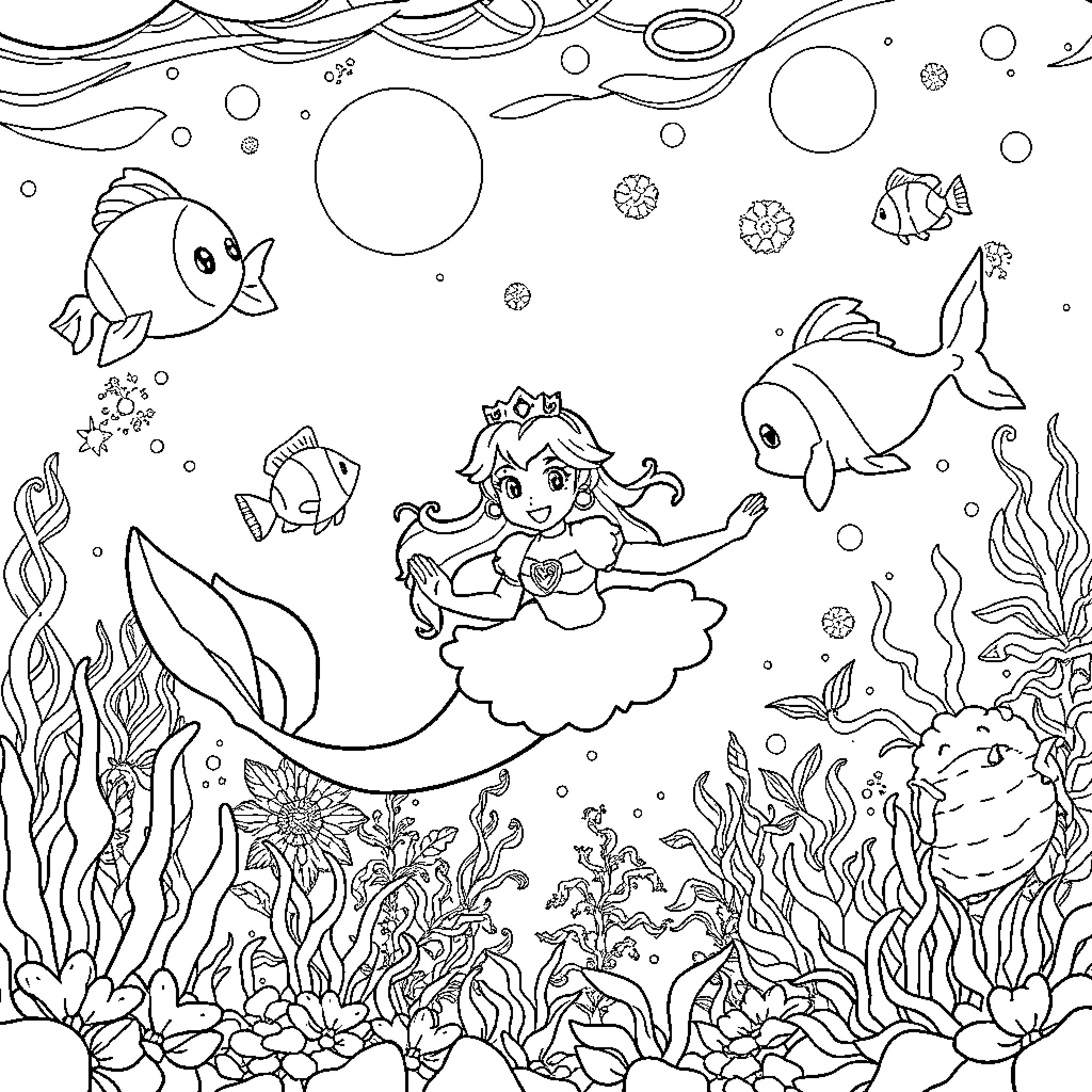 Princess Swimming Among Tropical Fish and Corals Coloring Page (free black-and-white line drawing printable PDF for all, from beginners to advanced learners, including children, teens, adults, and seniors)