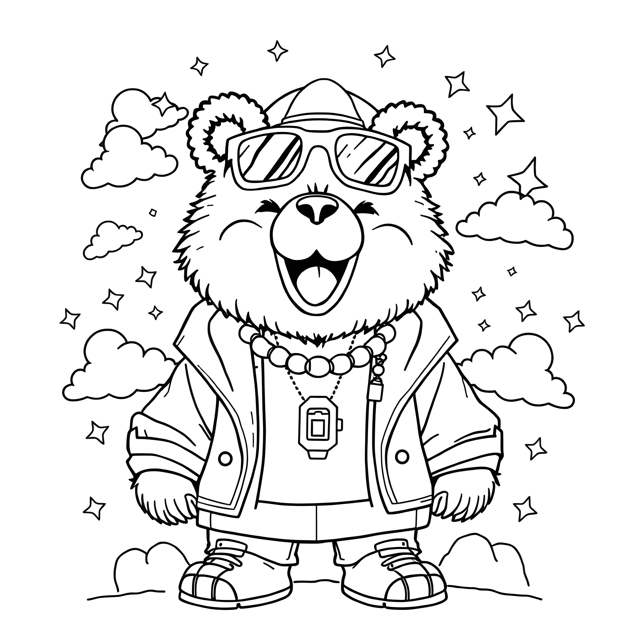 Care Bear dressed in cool outfit with sunglasses and accessories Coloring Page (free black-and-white line drawing printable PDF for all, from beginners to advanced learners, including children, teens, adults, and seniors)