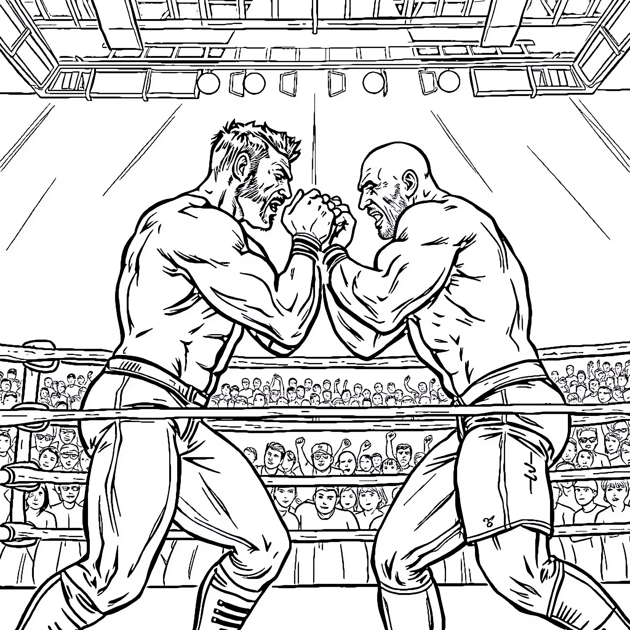 Man Wrestling in a Competitive Match Coloring Page (free black-and-white line drawing printable PDF for all, from beginners to advanced learners, including children, teens, adults, and seniors)