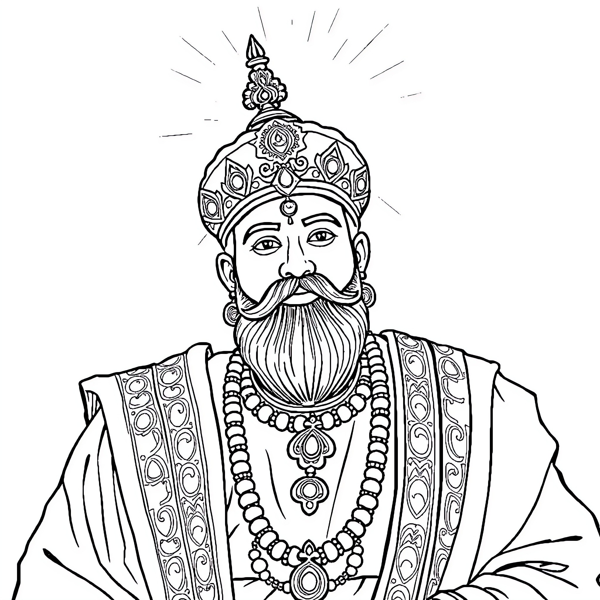 Akbar the Great in Regal Attire and Ornate Headpiece Coloring Page (free black-and-white line drawing printable PDF for all, from beginners to advanced learners, including children, teens, adults, and seniors)