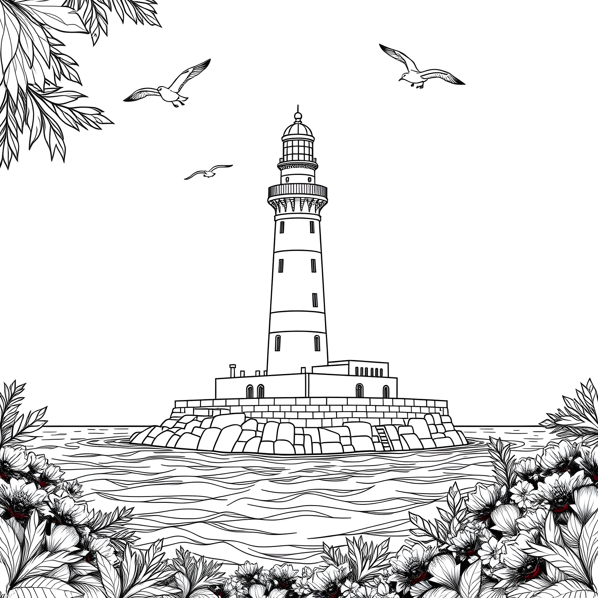 Lighthouse amidst seabirds and oceanside foliage Coloring Page (free black-and-white line drawing printable PDF for all, from beginners to advanced learners, including children, teens, adults, and seniors)