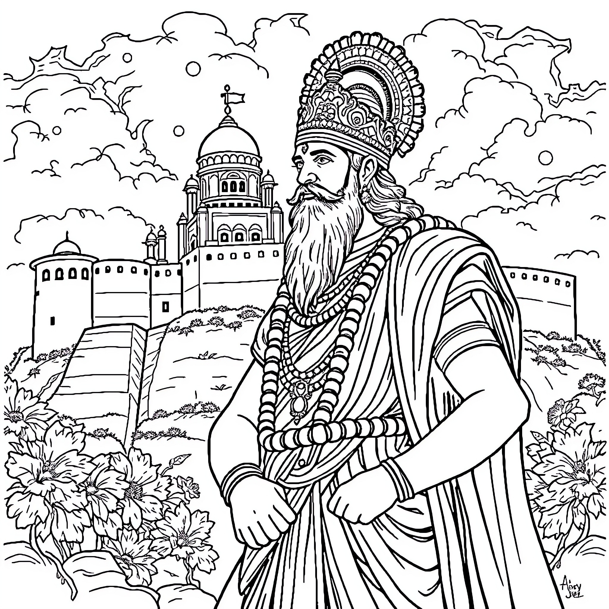 Shivaji Maharaj standing majestically against a backdrop of clouds and a grand palace Coloring Page (free black-and-white line drawing printable PDF for all, from beginners to advanced learners, including children, teens, adults, and seniors)
