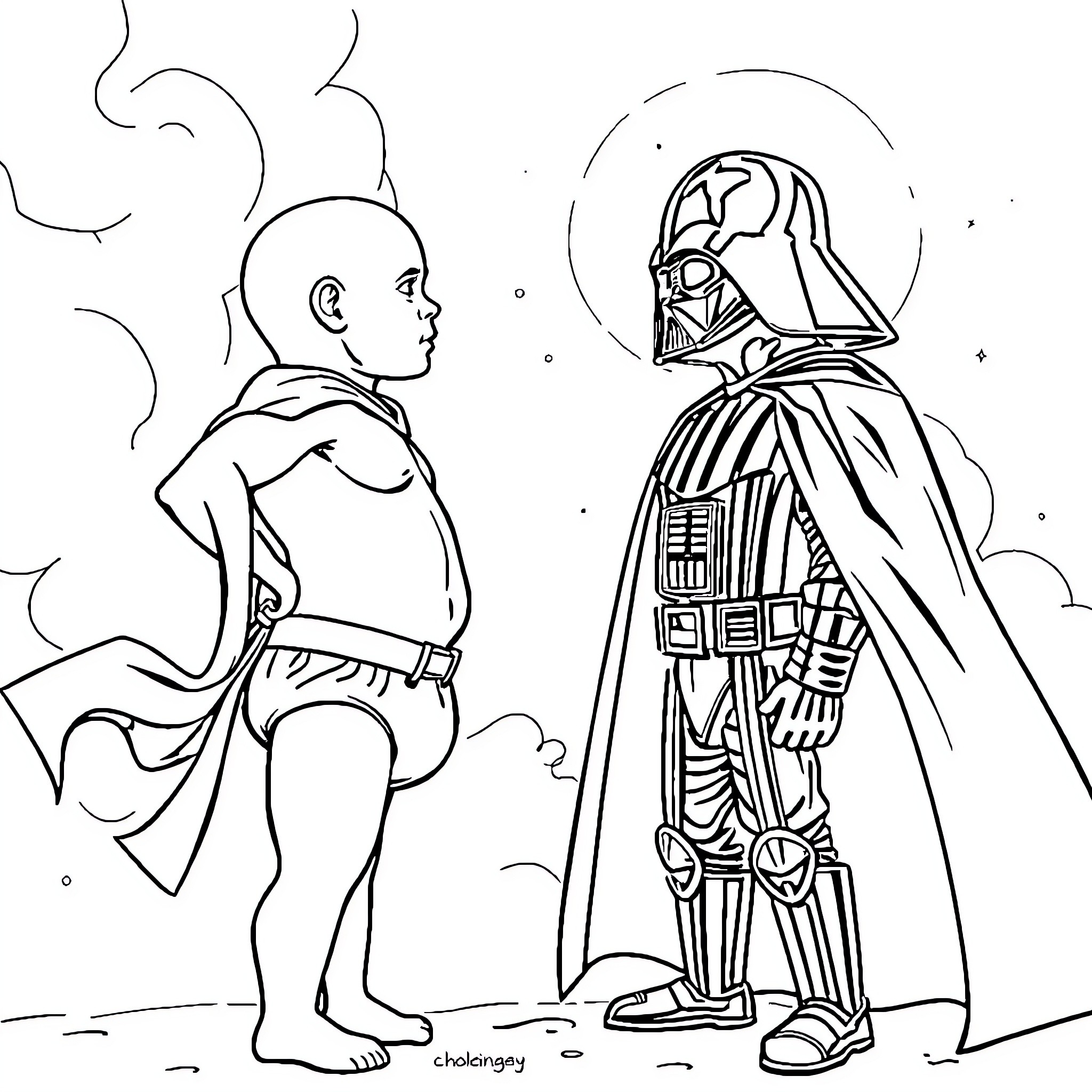 Captain Underpants faces off against Darth Vader Coloring Page (free black-and-white line drawing printable PDF for all, from beginners to advanced learners, including children, teens, adults, and seniors)
