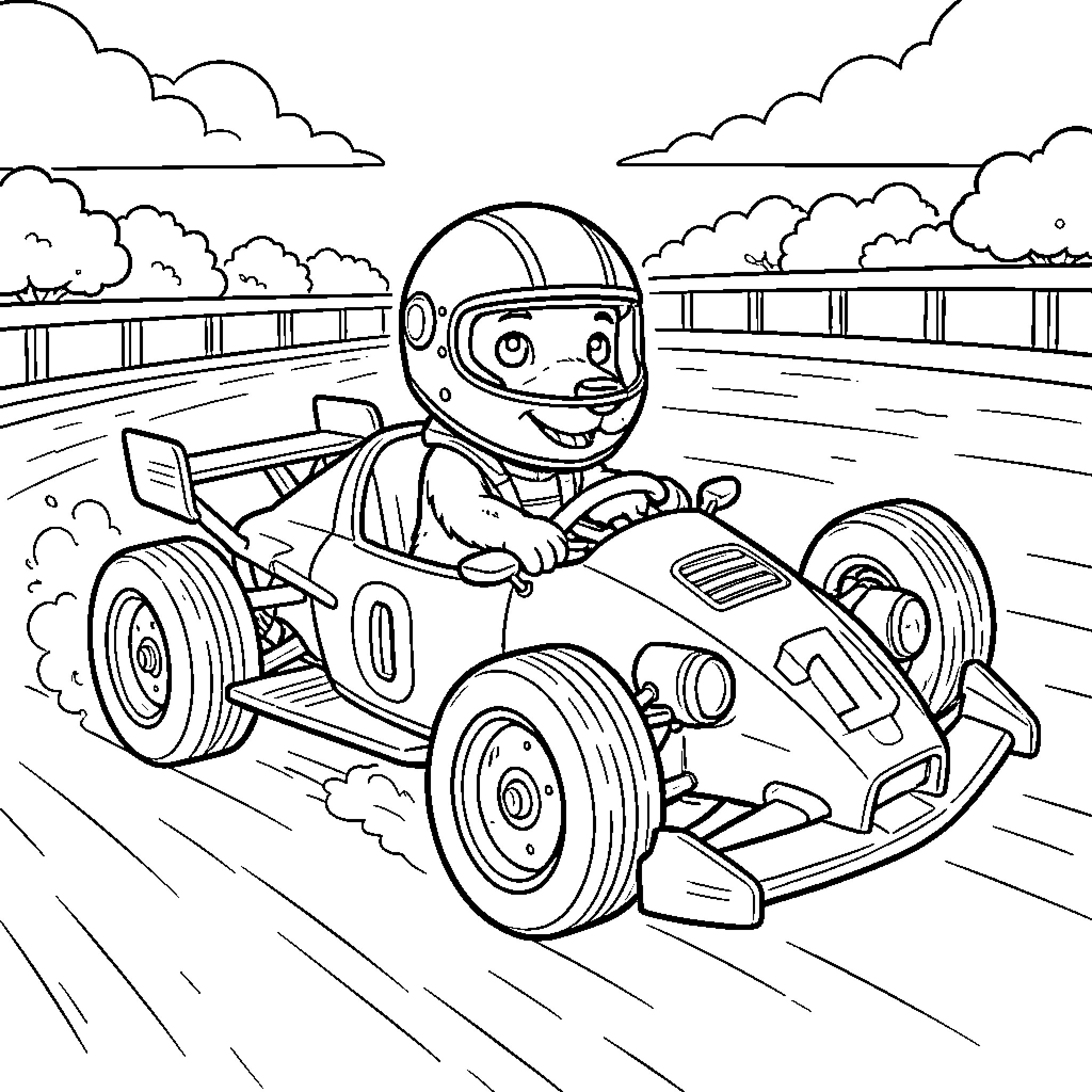 Dog driving a racing car on a track Coloring Page (free black-and-white line drawing printable PDF for all, from beginners to advanced learners, including children, teens, adults, and seniors)